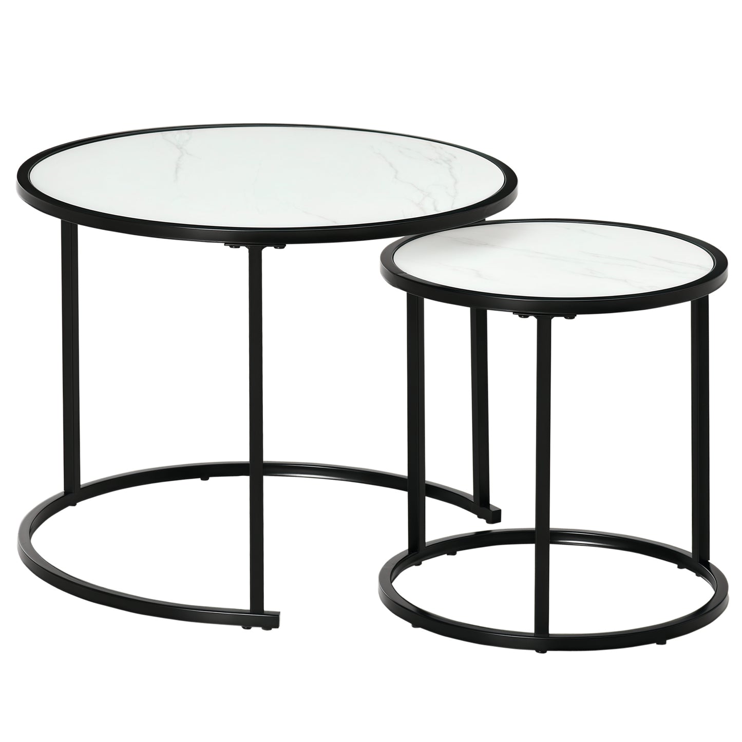 HOMCOM Round Nesting Coffee Table Set of 2, Stacking Modern Accent Tables with Faux Marble Tabletop and Metal Frame for Living Room, Black