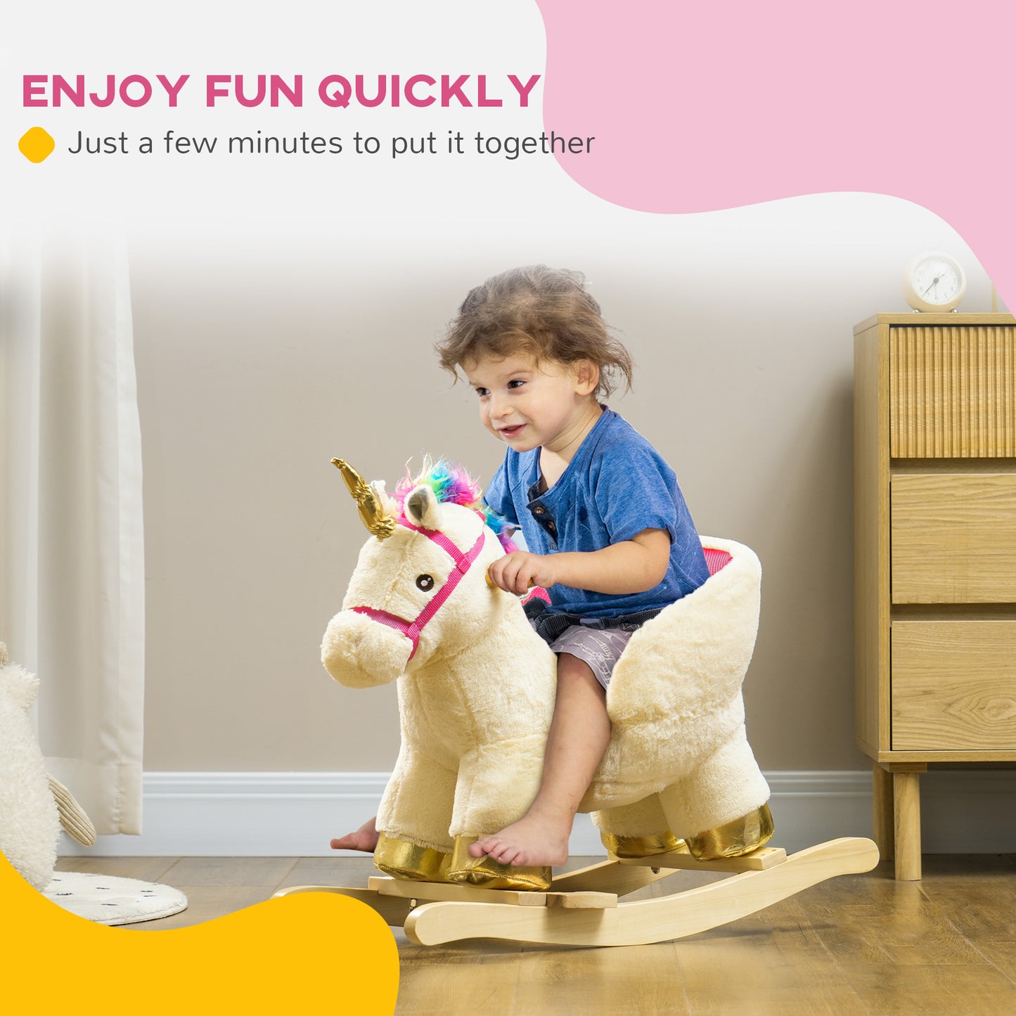 Qaba Rocking Horse Unicorn with Sound, Safety Belt, Wooden Base, for 18-36 Months