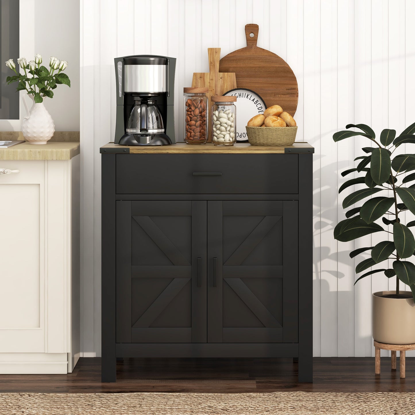 HOMCOM Farmhouse Buffet Cabinet Sideboard with 1 Drawer, 1 Storage Cabinet and Adjustable Shelf, White