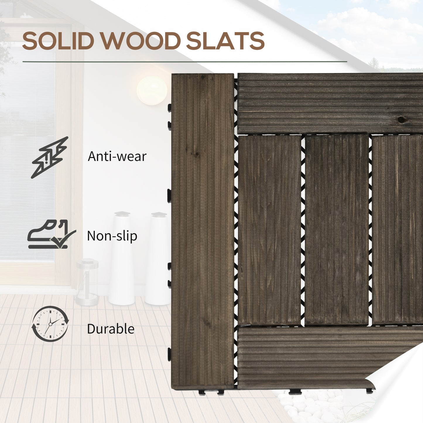 Outsunny 27 Pcs Wood Interlocking Deck Tiles, 12 x 12in Outdoor Flooring Tiles for Indoor and Outdoor Use, Tools Free Assembly, Black
