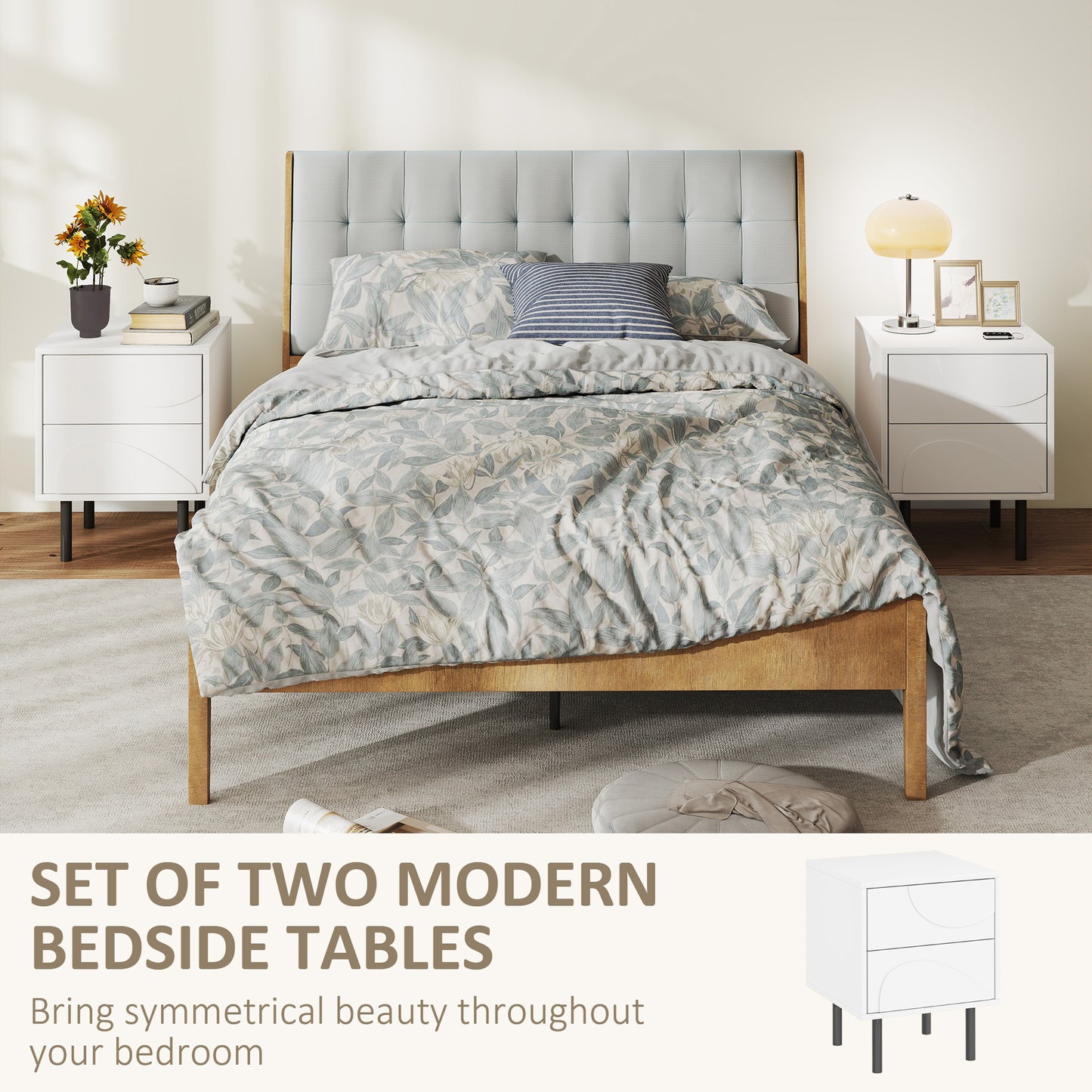 HOMCOM Nightstand Set of 2, Modern Bedside End Table with Push-to-Open Drawers and Steel Legs for Living Room, Bedroom, White