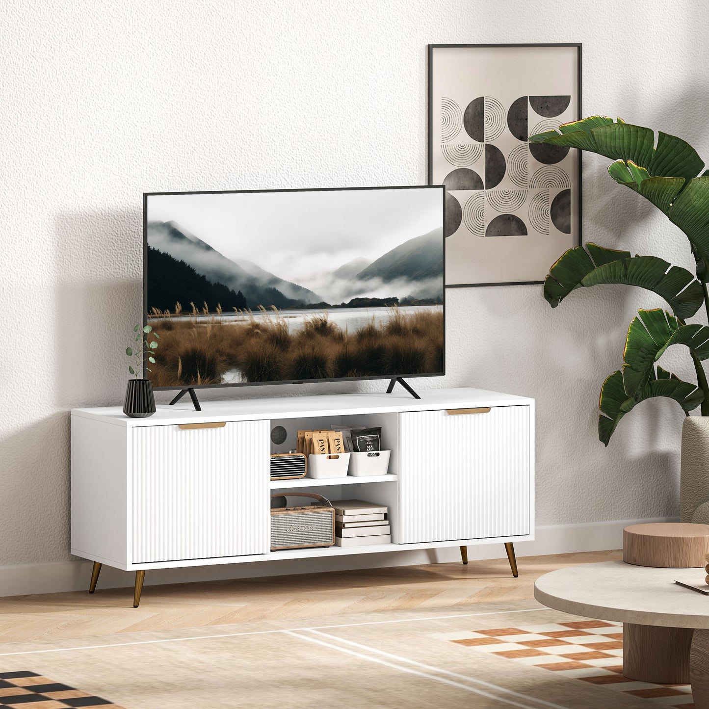 HOMCOM TV Stand with Storage for 55 Inch TV, Modern TV Cabinet with 2 Open Shelves and 2 Cabinets for Living Room, White