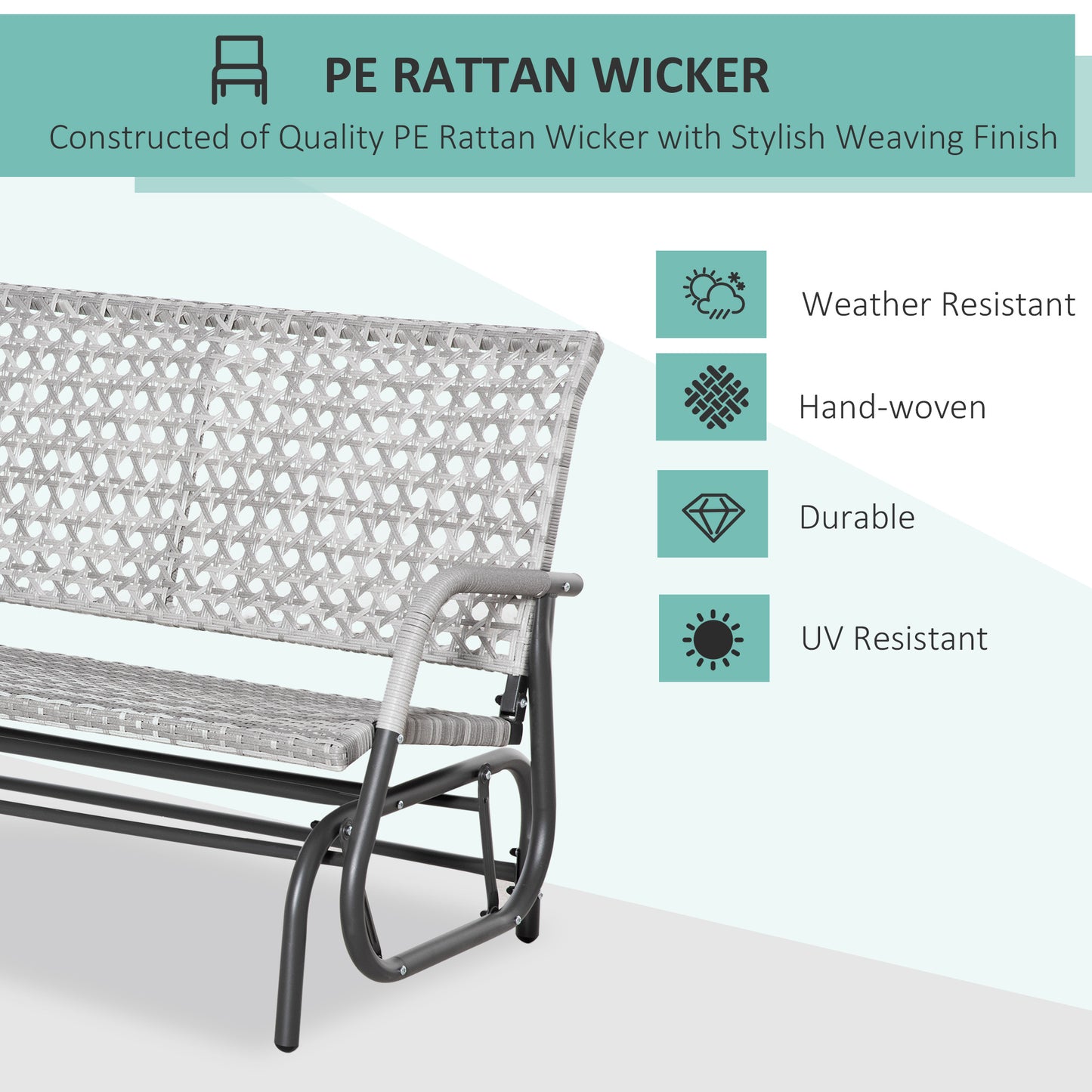 Outsunny 2 Seater Wicker Outdoor Glider Bench, Patio Swing Garden Bench, Garden Loveseat Rocking Chair, w/ Extra Wide Seat, Curved Backrest for Backyard, Poolside, Lawn, Mixed Grey