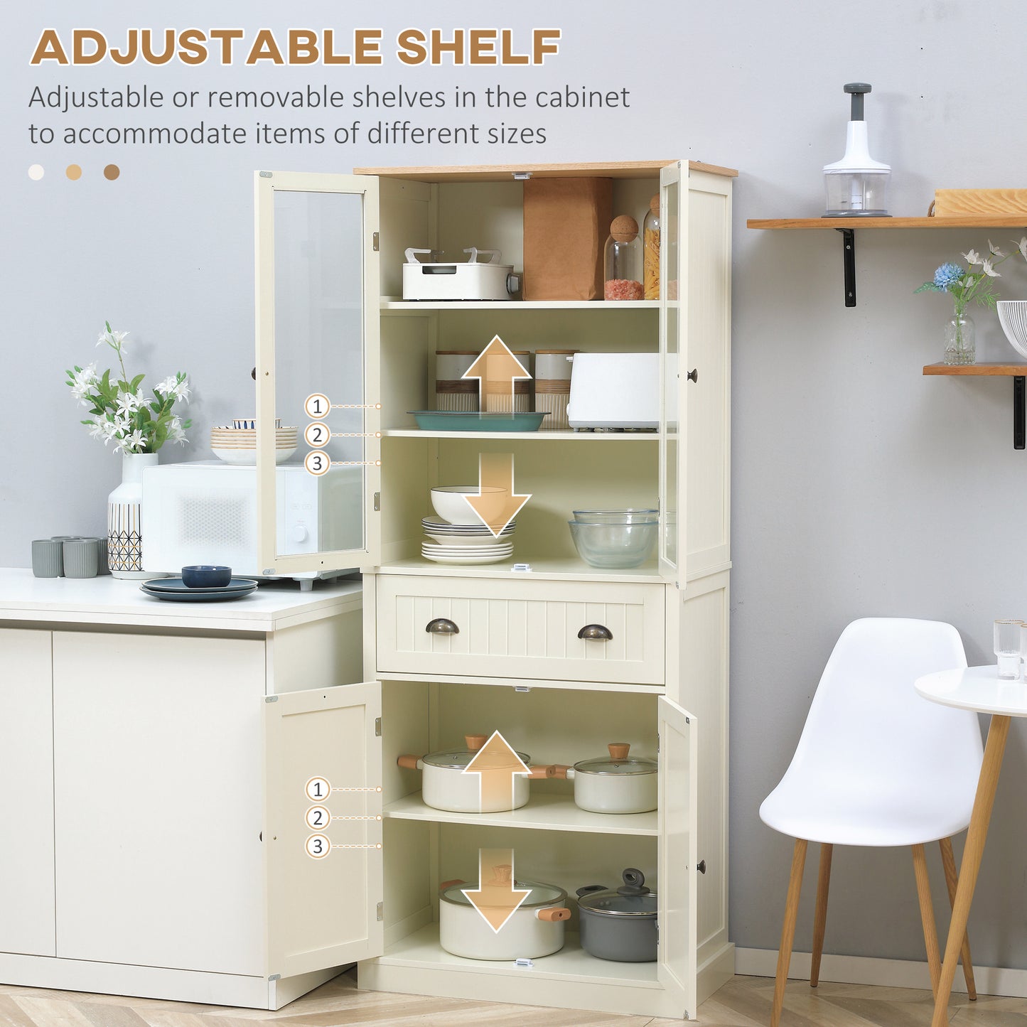HOMCOM 72" Kitchen Pantry Cabinet, Freestanding Buffet Storage Cabinet with Glass Doors, Drawer and Adjustable Shelves, Cream White