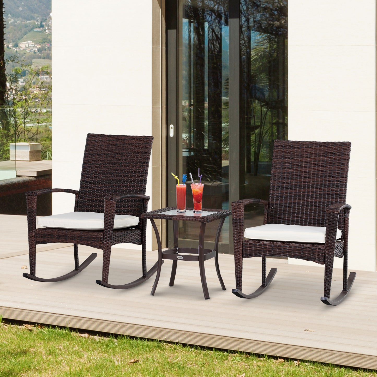 Outsunny 3 Pieces Patio Wicker Rocking Chair Set, Outdoor PE Rattan Bistro Set Conversation Rocker Set with 2 Chairs 1 Coffee Table for Backyard, Deck, Poolside, Dark Grey