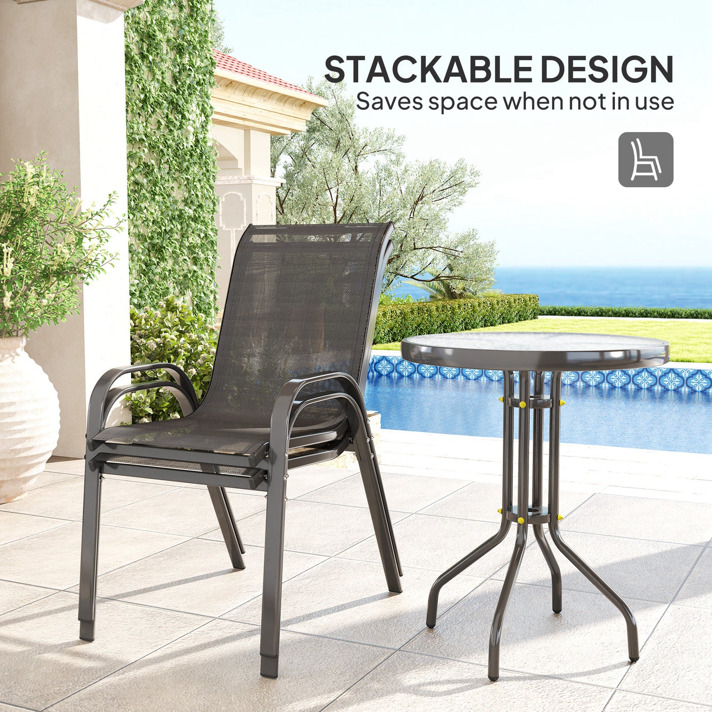 Outsunny 3 Pieces Bistro Set, Small Patio Furniture Set with Stackable Mesh Chairs, Glass Table for Garden, Balcony, Black