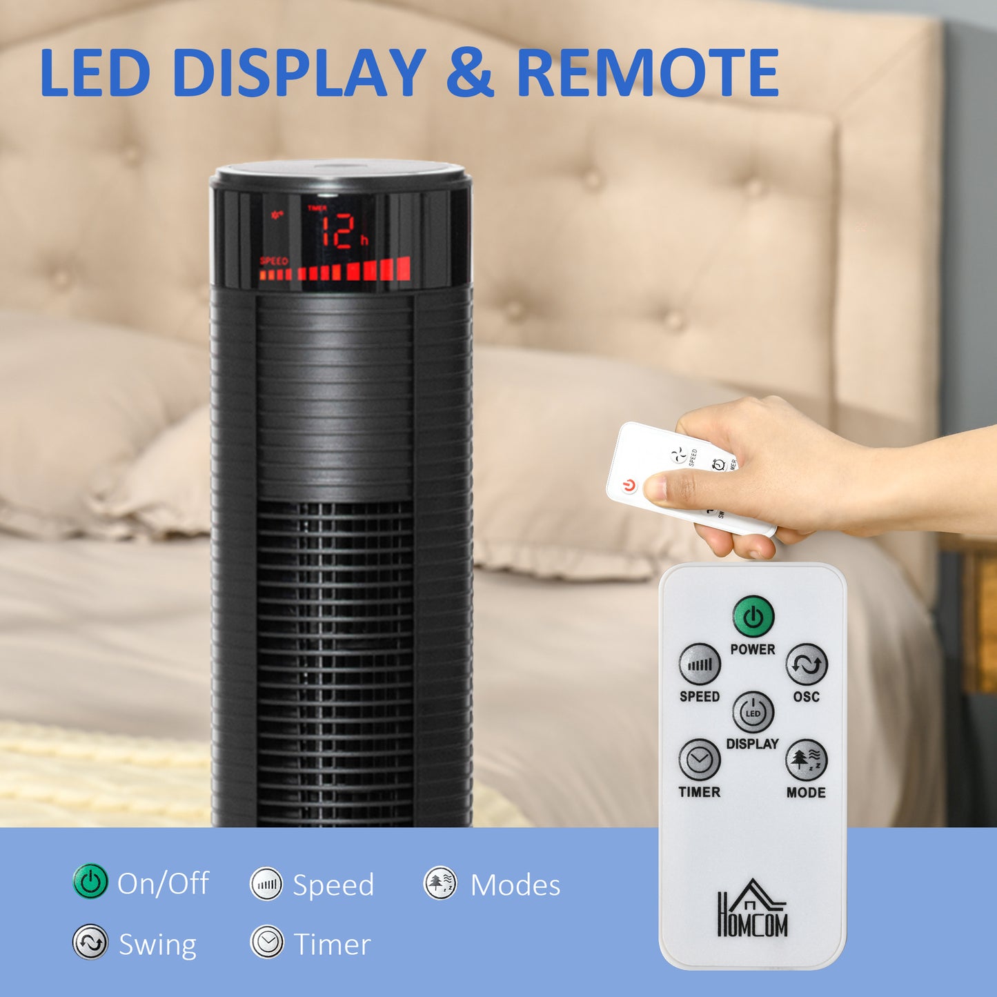 HOMCOM Freestanding Tower Fan Cooling for Home Bedroom with 3 Speed, 12h Timer, Oscillating, LED Panel, Remote Controller, Black