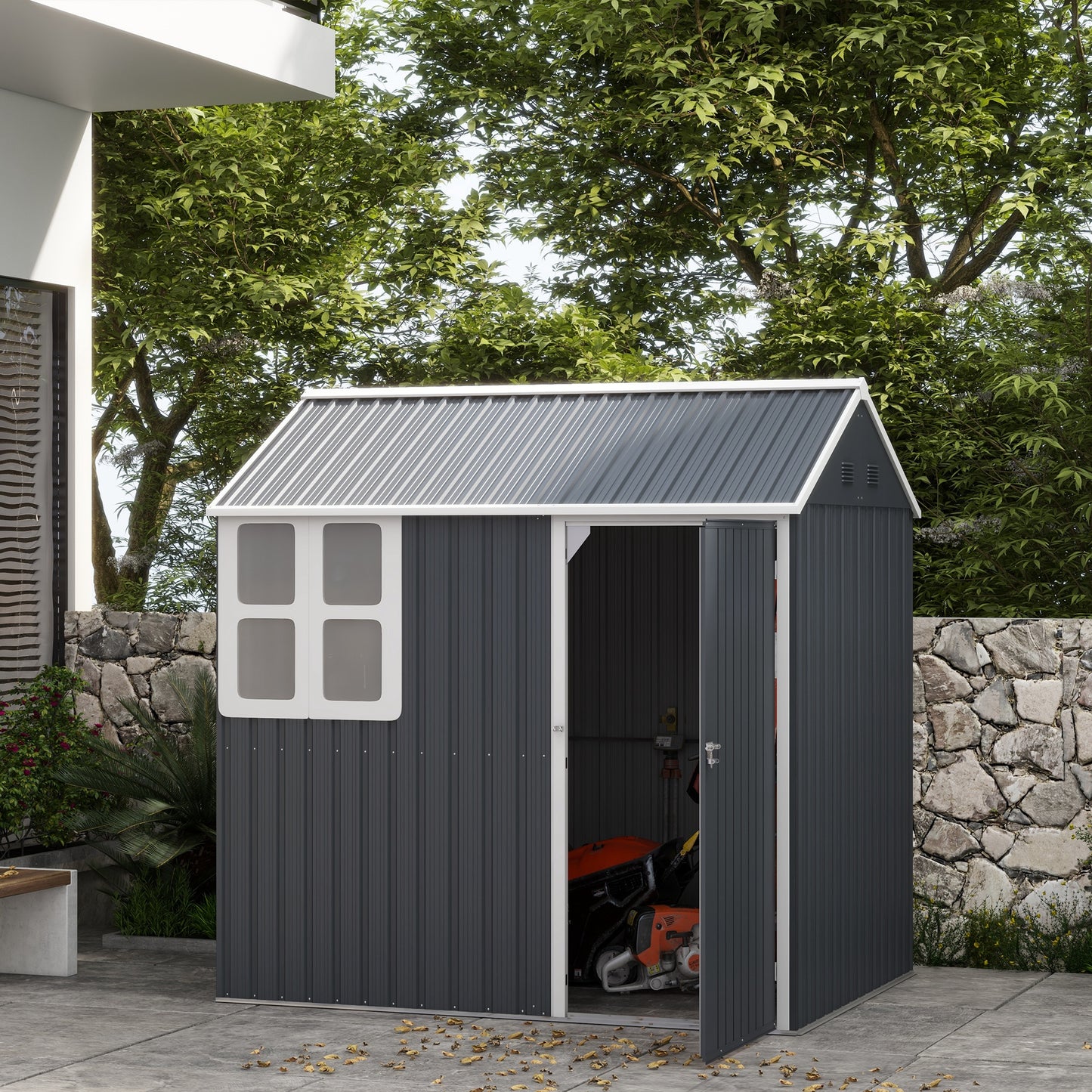 Outsunny 8.5' x 5.5' Metal Garden Storage Shed, Outdoor Tool Storage House with Lockable Door, Vents, Sloped Roof, Light Grey