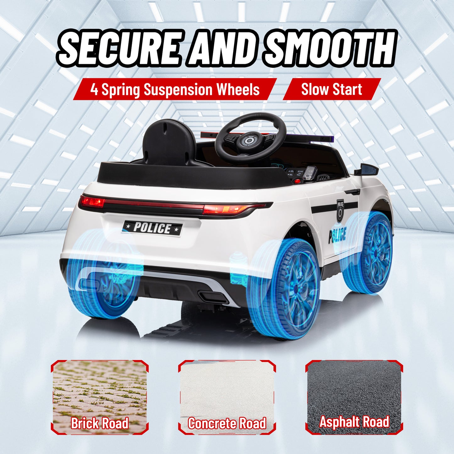 Qaba 12V Kids Electric Police Car w/ Remote Control, Spring Suspension, Transport Wheel, Siren, Music, Light, Horn, Black