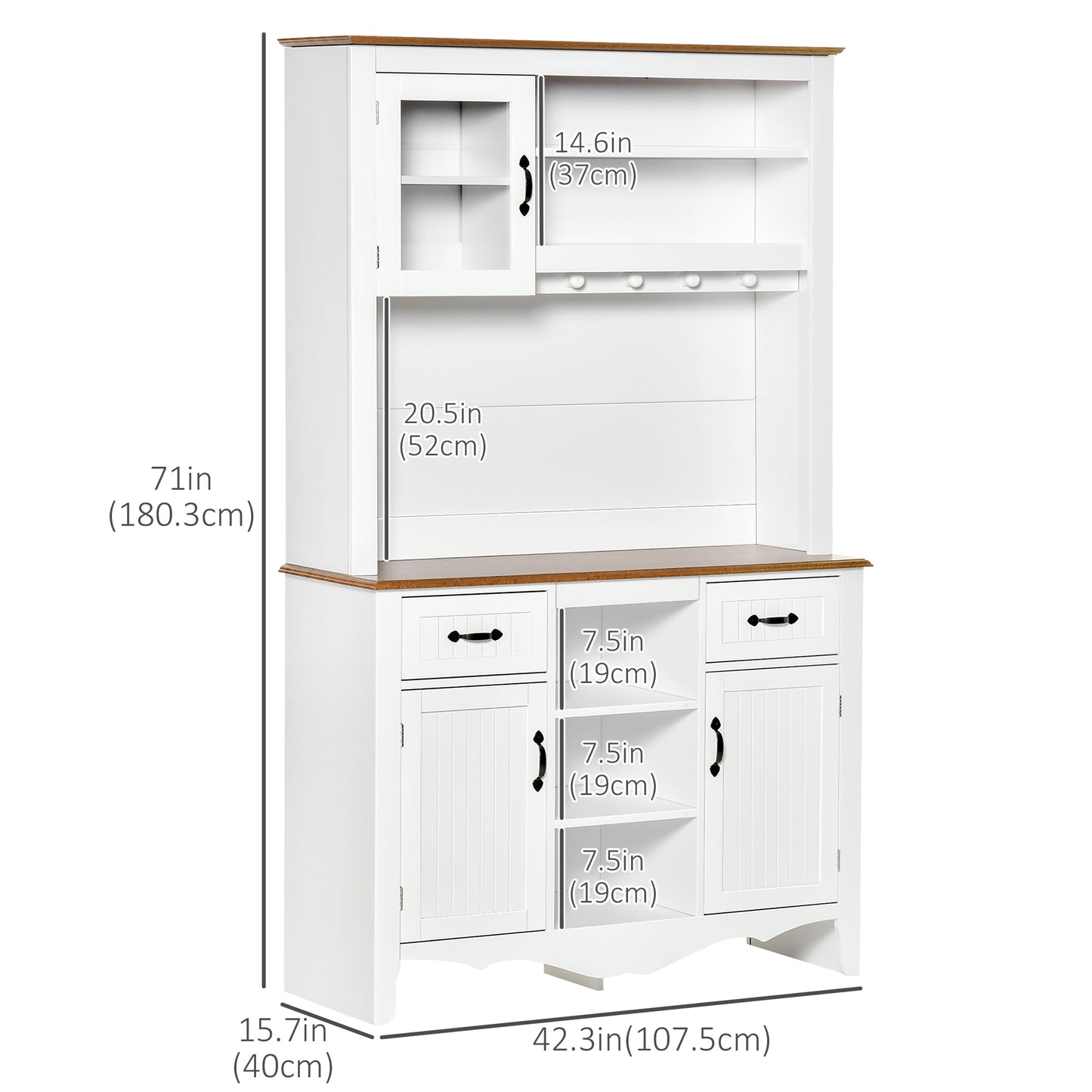 HOMCOM 71" Kitchen Buffet with Hutch, Farmhouse Style Storage Cupboard with Utility Drawer, 3 Door Cabinets and 5-tier Shelves, White