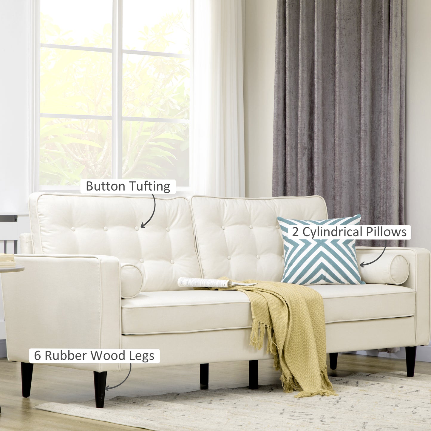 HOMCOM Mid-Century Sofa, Couch with Button-Tufted Back Cushion, Velvet Feel Fabric Upholstery, 2 Cylindrical Pillows and Rubber Wood Legs for Living Room, Dark Blue