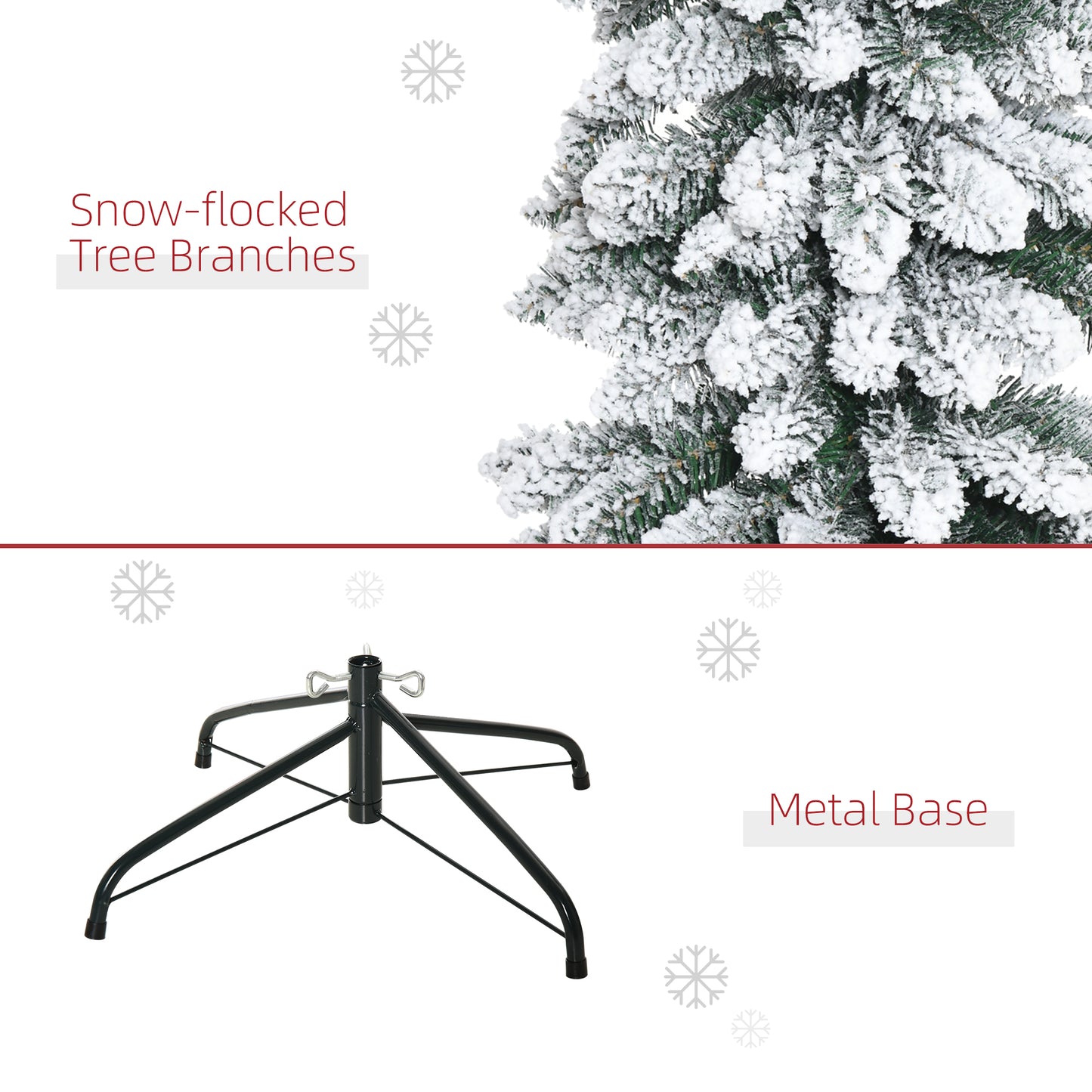 HOMCOM 6 Ft Snow-Flocked Artificial Christmas Tree, Slim Pencil Xmas Tree with Realistic Branches, Metal Base, Green