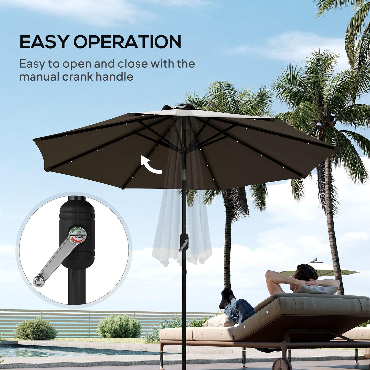 Outsunny 8.8 ft Solar Powered Outdoor Patio Umbrella Round Market Table Umbrella with Adjustable LED Lights Tilt Crank Dark Grey