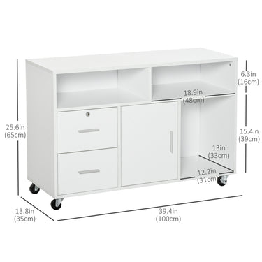 HOMCOM Lateral Filing Cabinet with Open Storage Shelf, Printer Stand Home Office Mobile File Cabinet with Wheels, Lockable Drawer, White