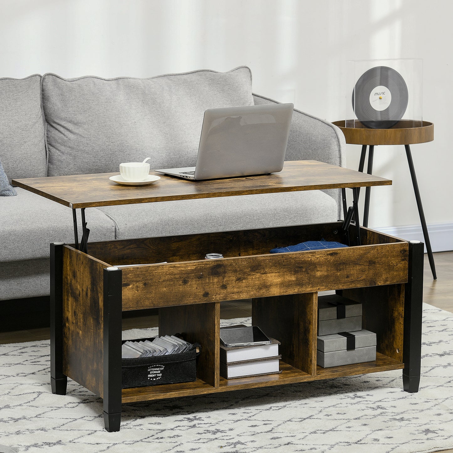 HOMCOM Lift Top Coffee Table with Hidden Storage Compartment and 3 Lower Shelves, Pop-Up Center Table for Living Room, Espresso