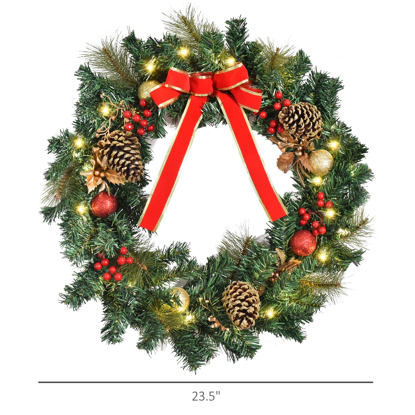 HOMCOM Christmas Wreath 24" Pre-Lit Artificial Greenery Xmas Spruce Wreath Cones Red Berries 20 LED Lights Battery Operated