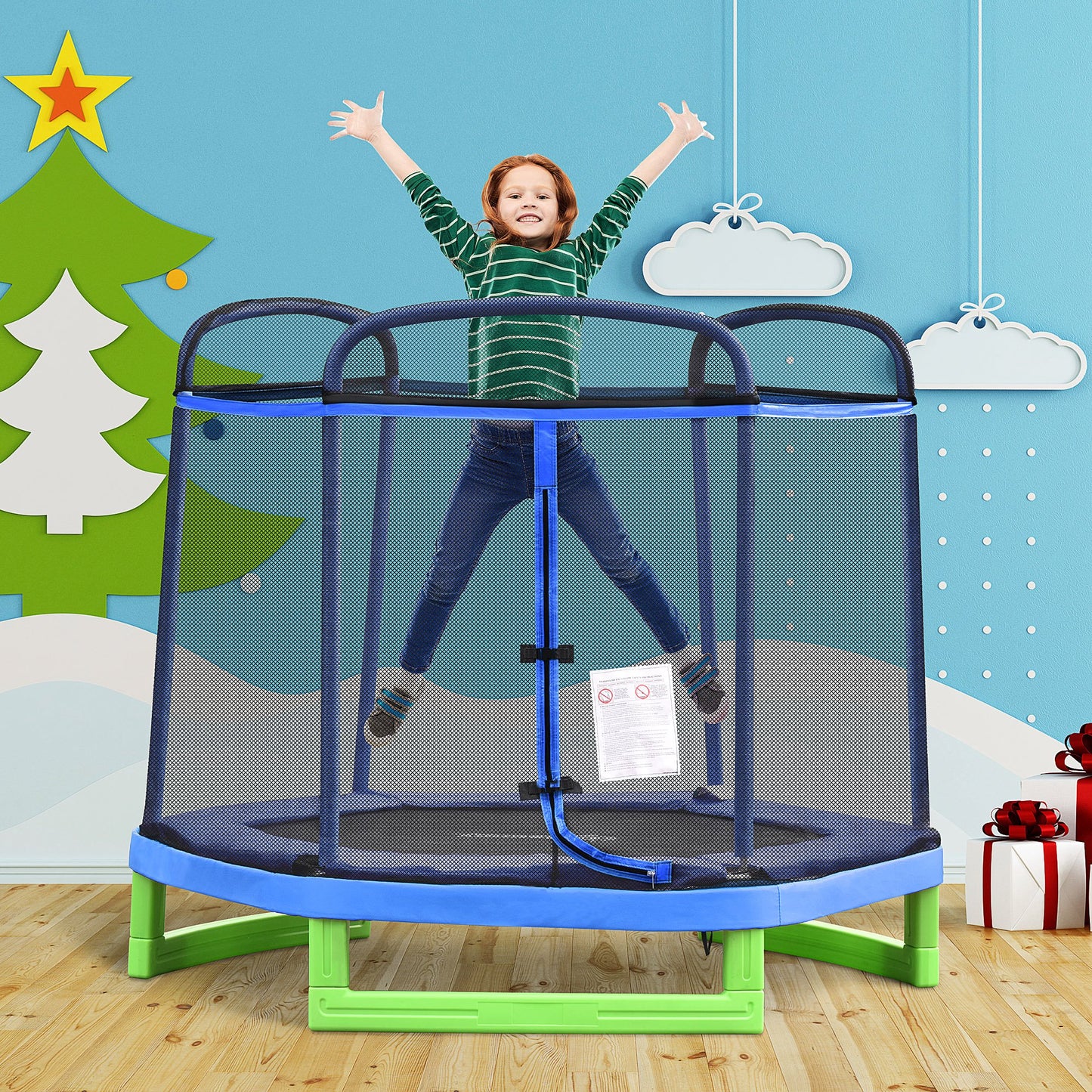 Outsunny 84.75" Kids Trampoline 7 FT Indoor Outdoor Trampolines with Safety Net Enclosure Built-in Zipper Padded Covering, for Boys and Girls, Red