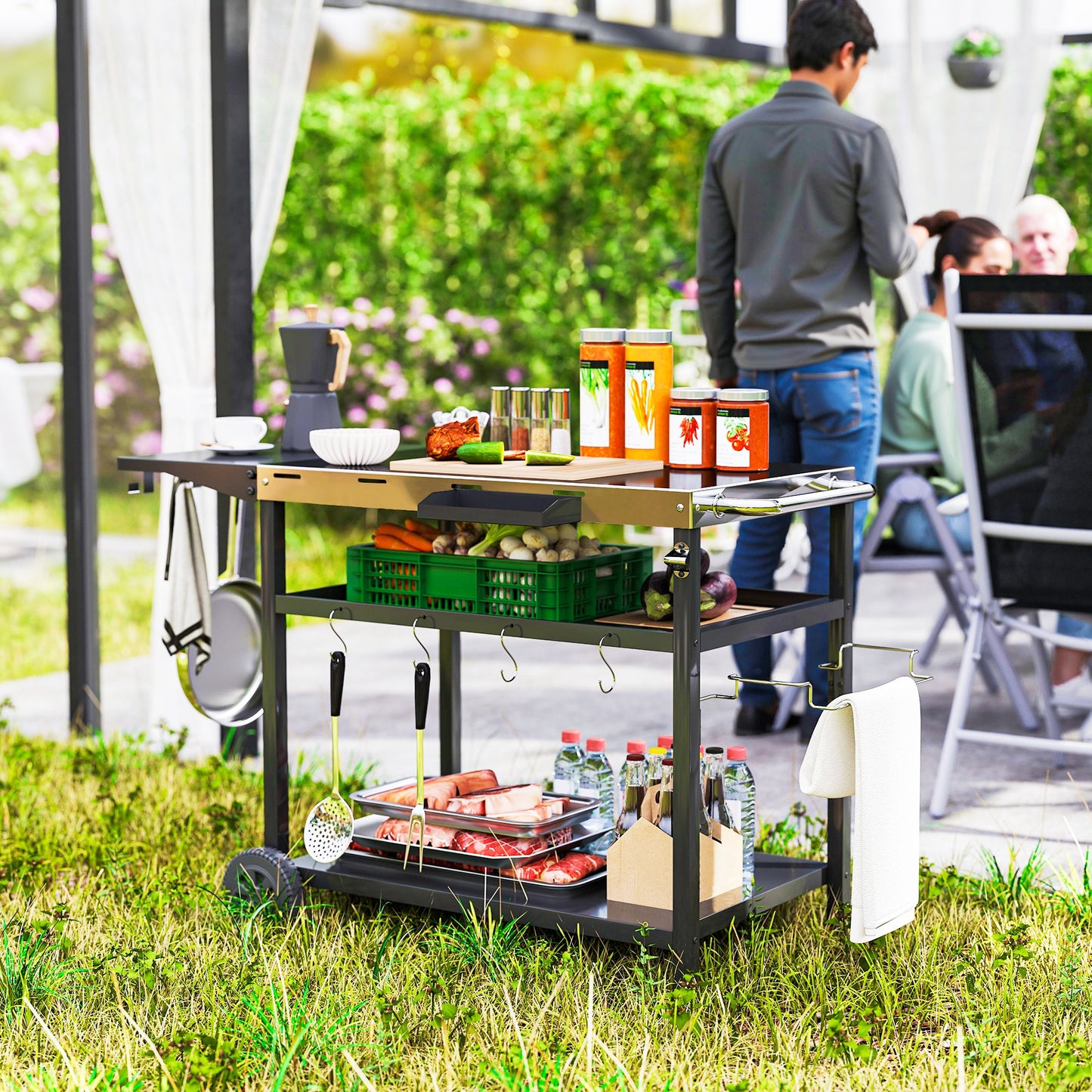 Outsunny Outdoor Bar Cart BBQ Table with Wheels, Stainless Steel Pizza Oven Stand, Outdoor Kitchen Cart with Storage and Hooks
