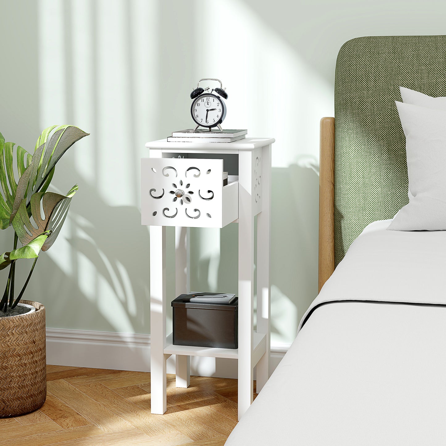 HOMCOM Nightstand Set of 2 with Drawer and Open Storage Shelf White