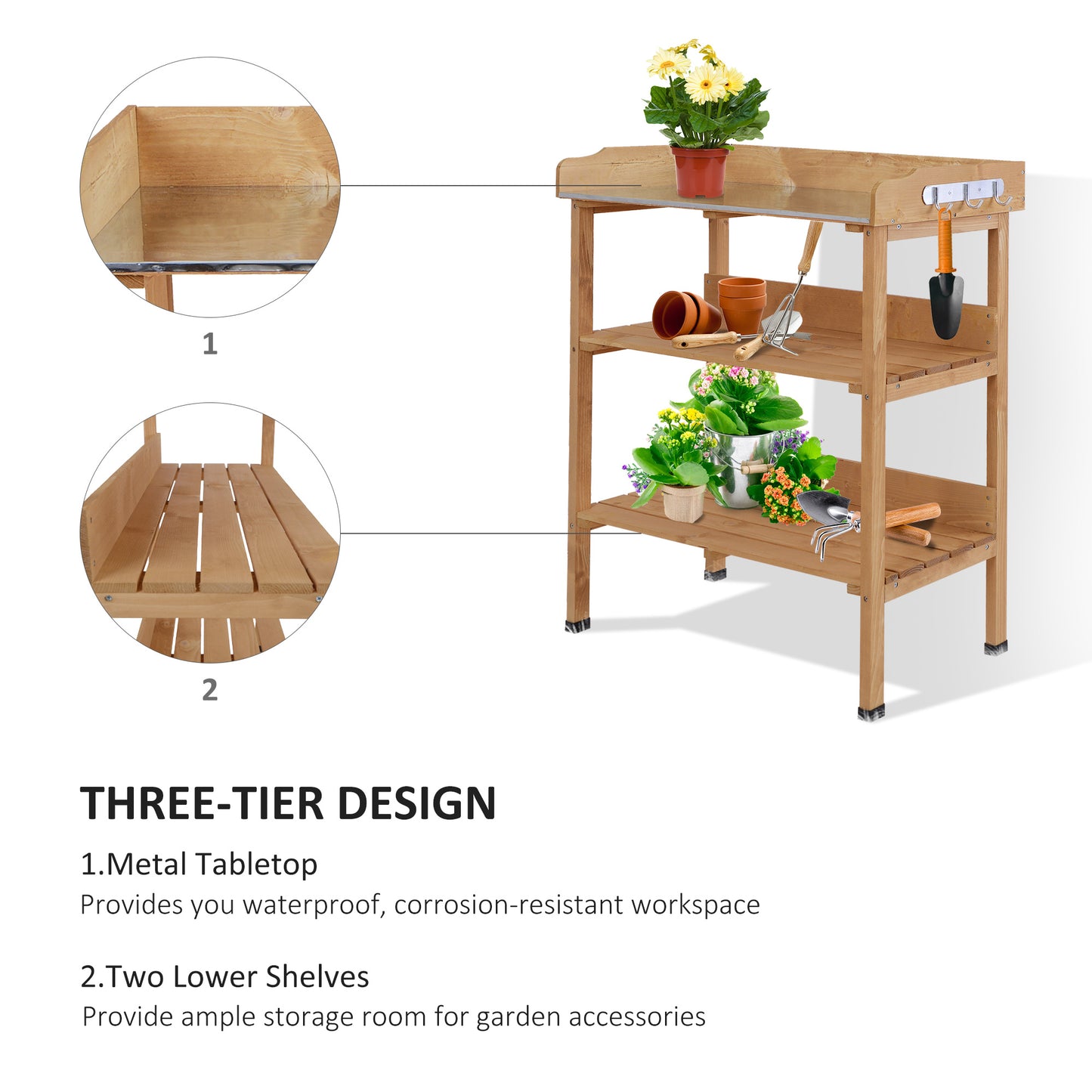 Outsunny Outdoor Garden Wooden Potting Bench Work Station Table Tool Storage Shelf w/ Hooks, Natural