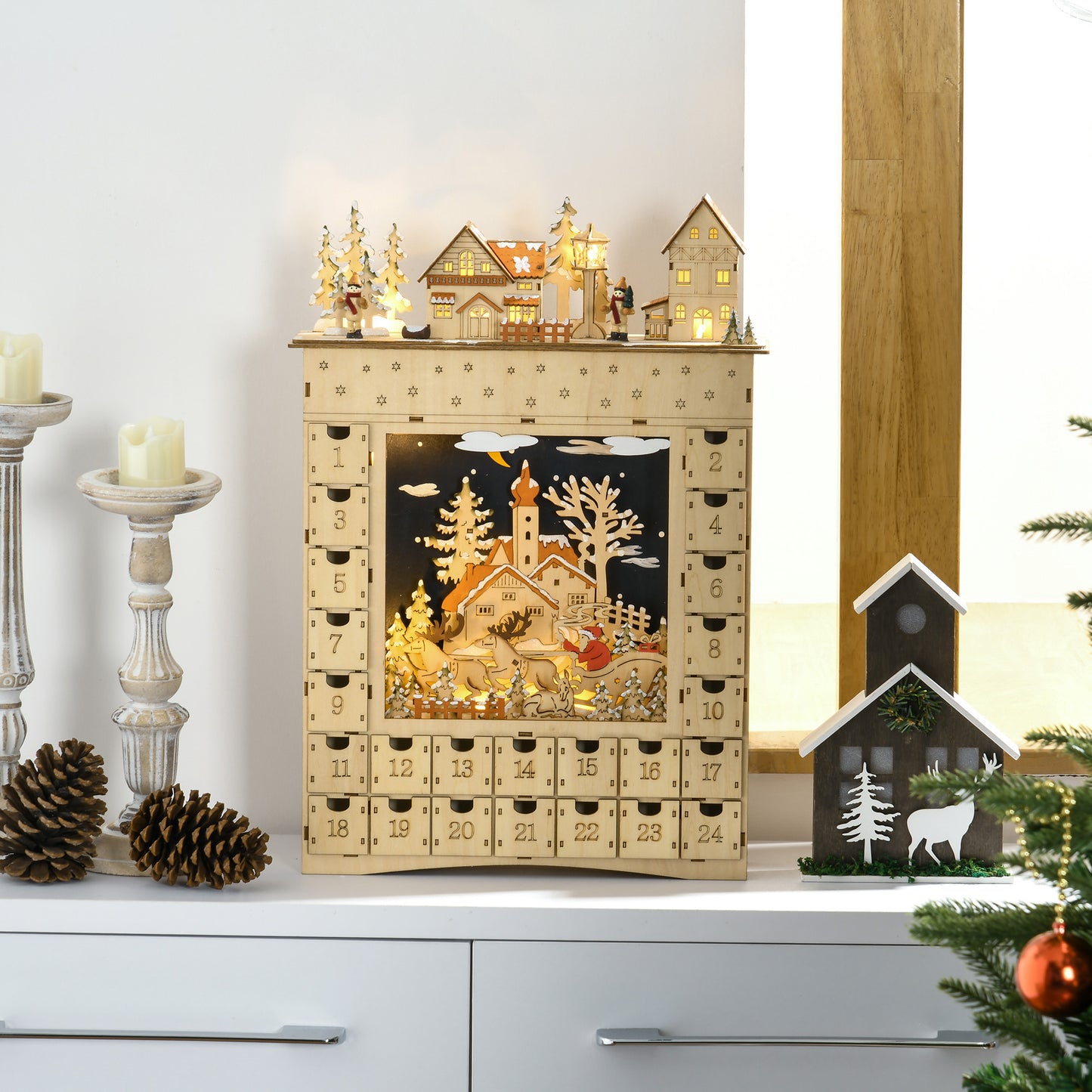 HOMCOM Wooden Christmas Advent Calendar, Lighted 24 Days Xmas Calendar House, Christmas Table Decoration with Countdown Drawers, Bible Characters, Battery Operated, Natural