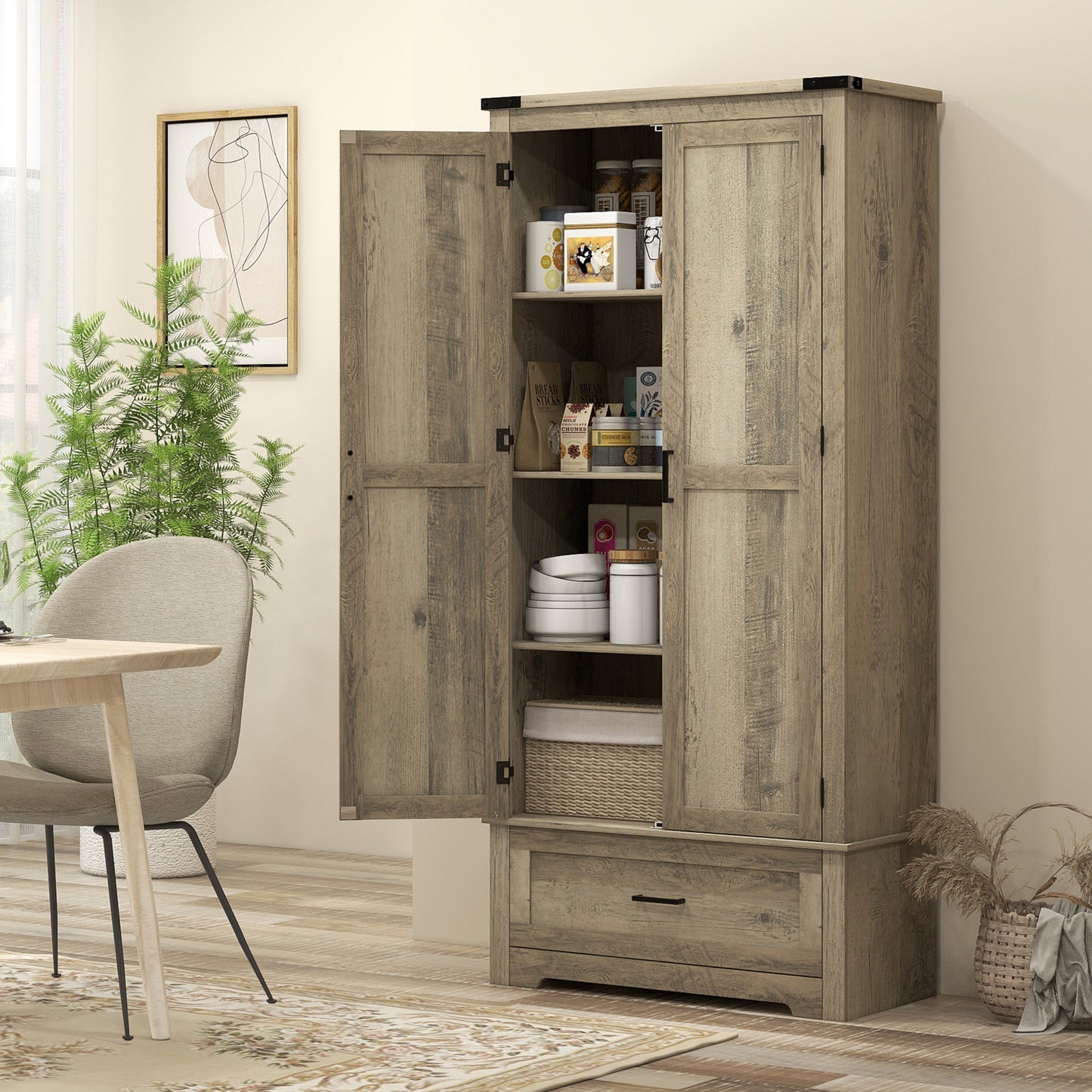 HOMCOM 69" Tall Farmhouse Kitchen Pantry Cabinet with 2 Doors, Drawer and Adjustable Shelves, Black Wood Grain