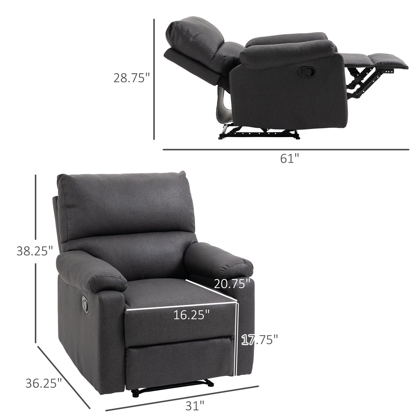 HOMCOM Recliner Chair, Manual Reclining Chair with Footrest, Padded Seat for Living Room, Bedroom, Study, Dark Grey