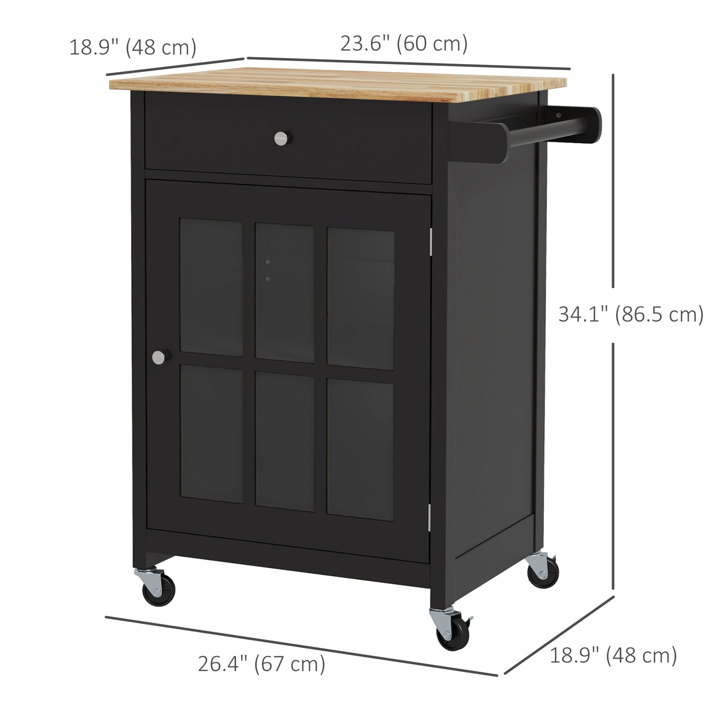 HOMCOM Rolling Kitchen Cart with Drawer and Glass Door Cabinet, Kitchen Island on Wheels with Towel Rack, White