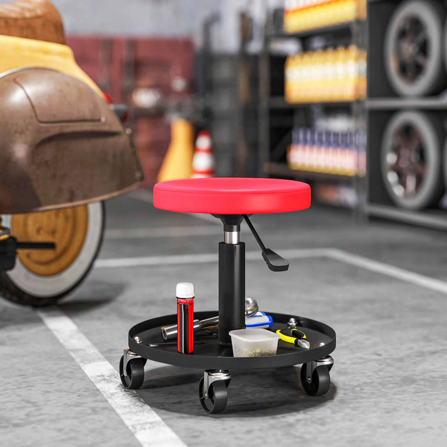 HOMCOM Rolling Garage Stool, 300 LBS Capacity Padded Mechanic Stool with 2.5" Wheels, Adjustable Height 15" -19.7", Red