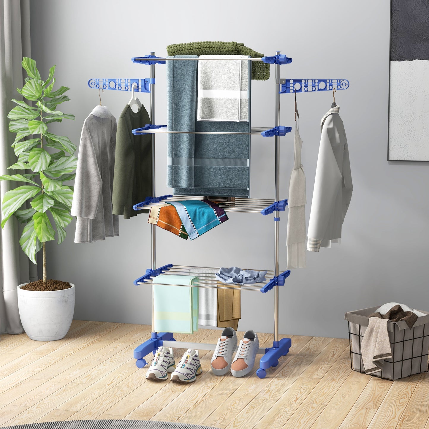 HOMCOM Garment Drying Rack Stainless Steel Folding Clothes Hanging Rack with Side Wings Castors for Indoor Outdoor Grey