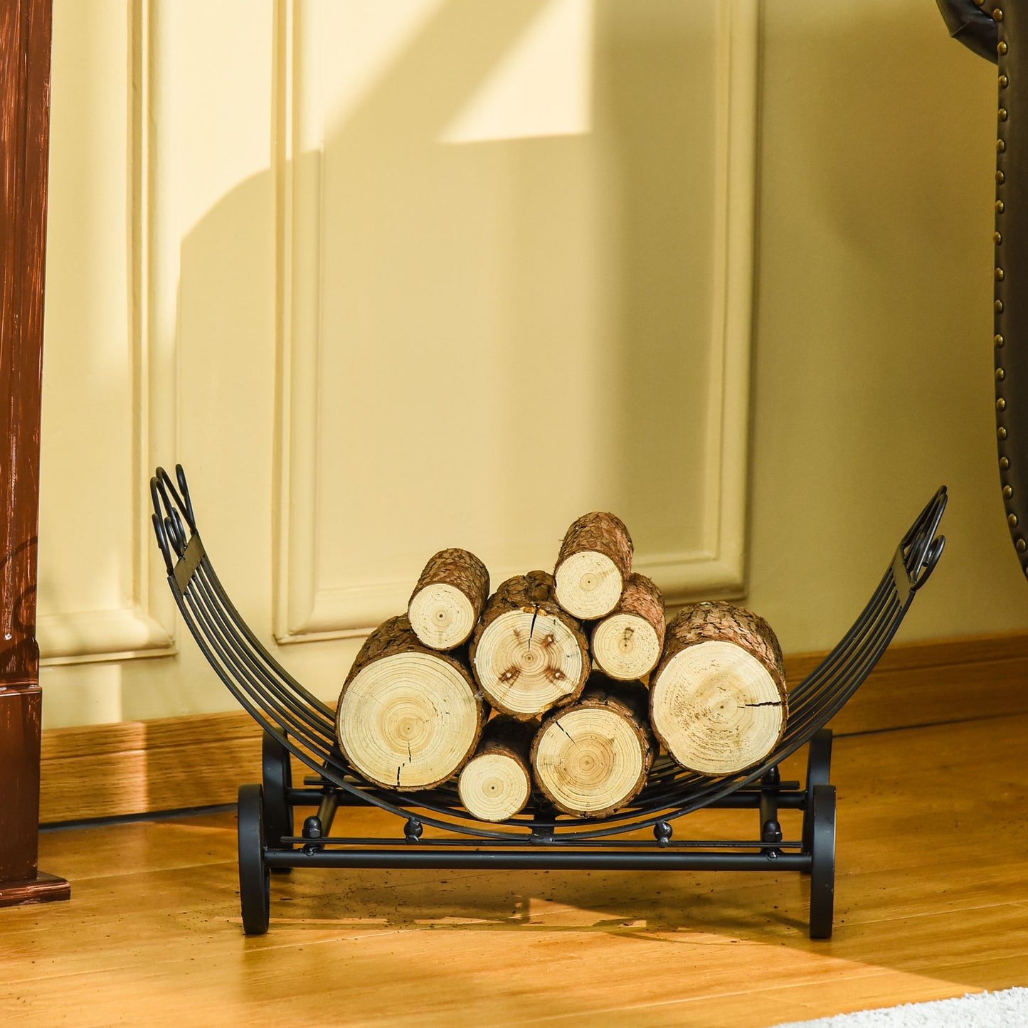 Outsunny 23" Firewood Log Rack Curved Fireplace Log Holder Stylish Wood Storage Carrier with Scrolls, for Outdoor and Indoor Use, Black