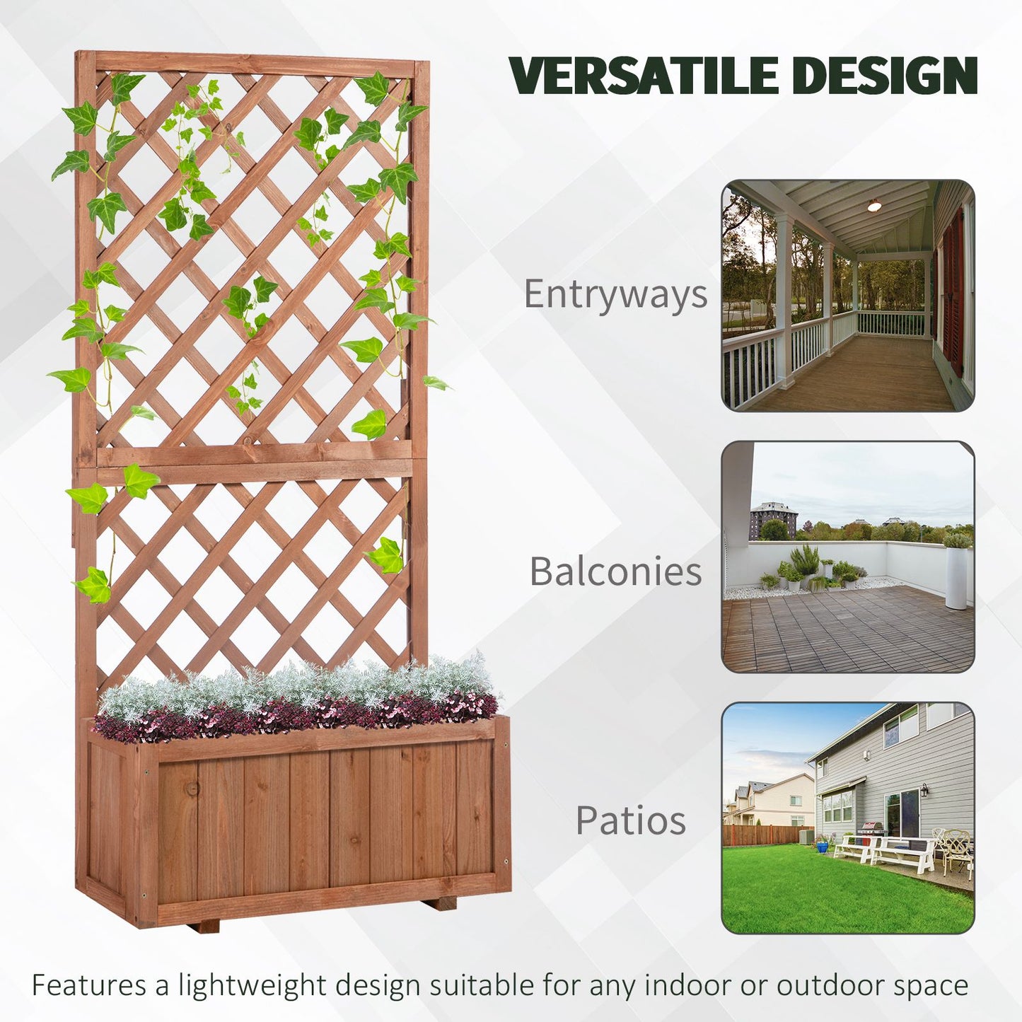 Outsunny 2.4 x 1 x 4.9 ft Garden Wooden Pine Trough Planter with Topped Trellis Climbing Plants Flower Raised Bed, Orange