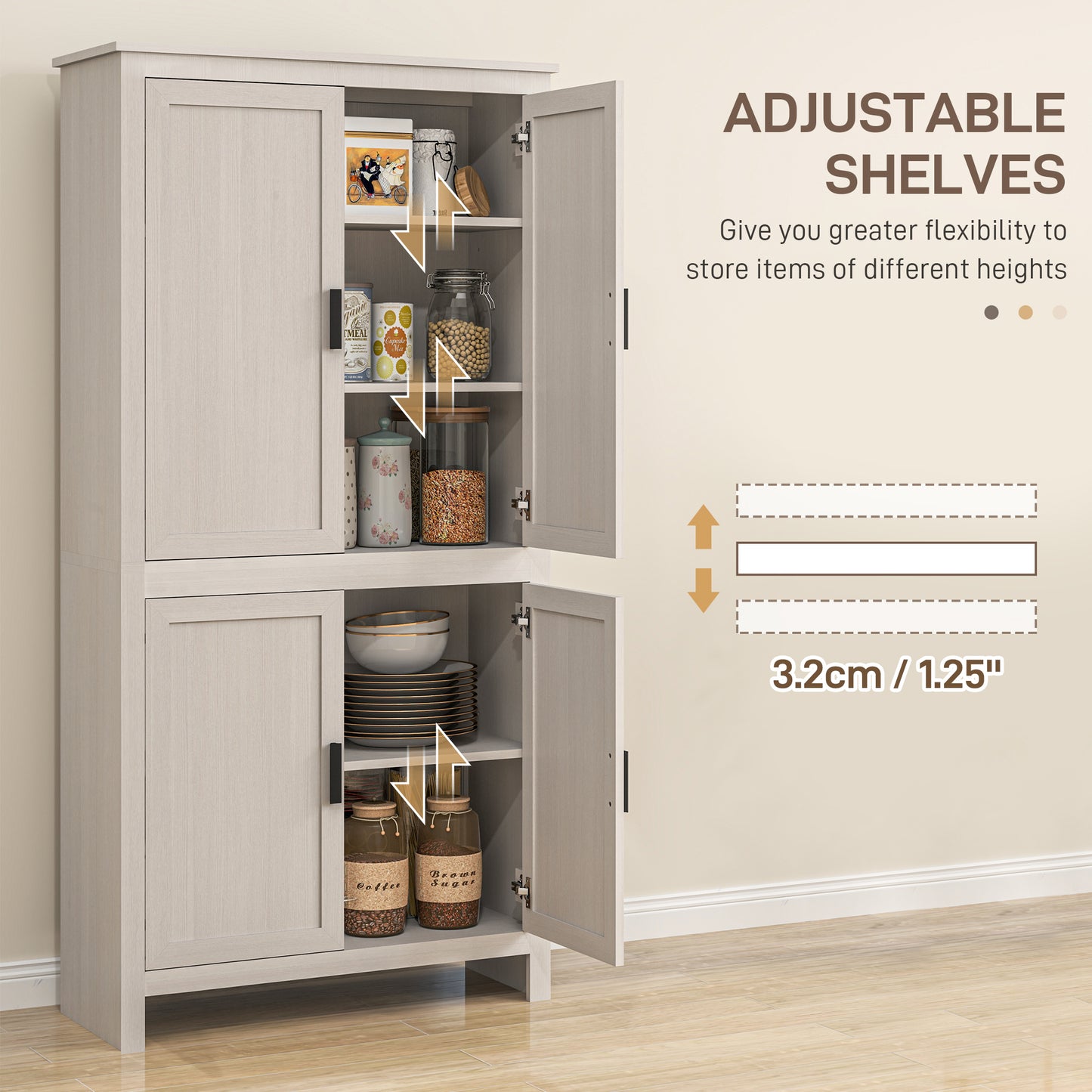 HOMCOM 64" Kitchen Pantry Cabinet, Freestanding Storage Cabinet with 4 Doors, 3 Adjustable Shelves, Antique White