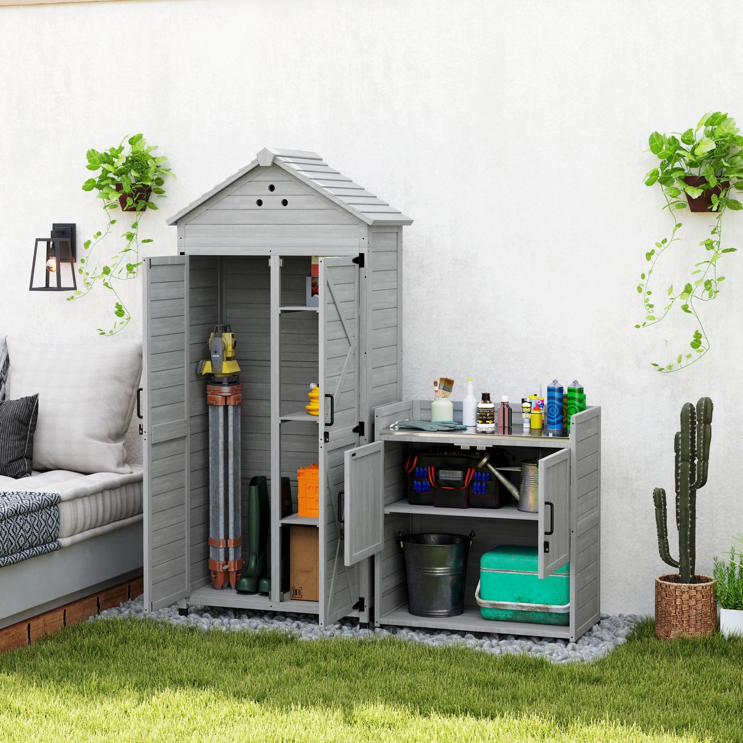Outsunny 2-in-1 Outdoor Storage Cabinet, Wood Garden Shed with Shelves, Vent Holes, Foot Caps for Backyard, Patio, Lawn