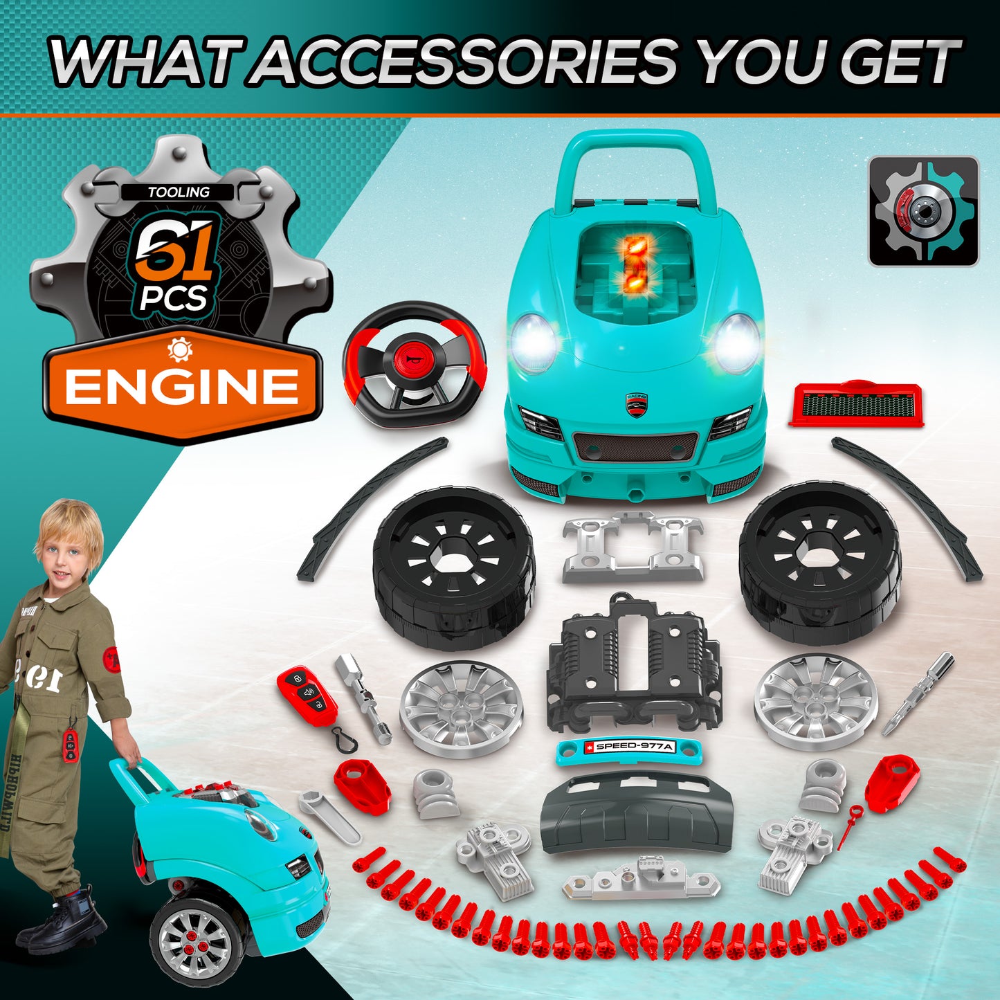 Qaba Mechanic Kids Truck Engine Toy Set, Car Service Play Set, Teal