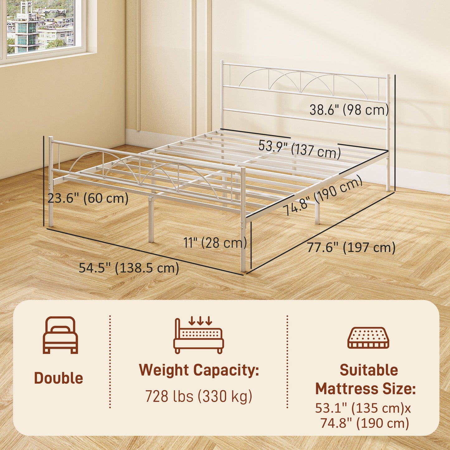 HOMCOM Metal Full Platform Bed Frame with Headboard, Steel Slat Support, Underbed Storage, No Box Spring Needed, Easy Assembly