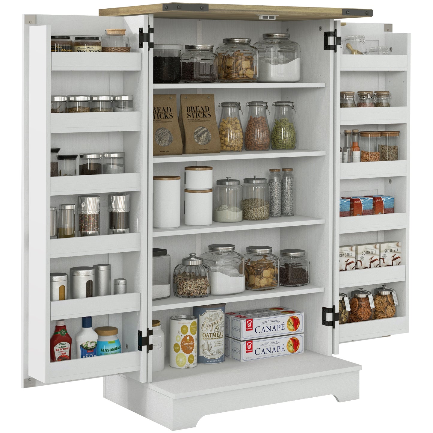 HOMCOM Farmhouse Kitchen Pantry Storage Cabinet, Kitchen Pantry Cabinet with Doors and Adjustable Shelves, White