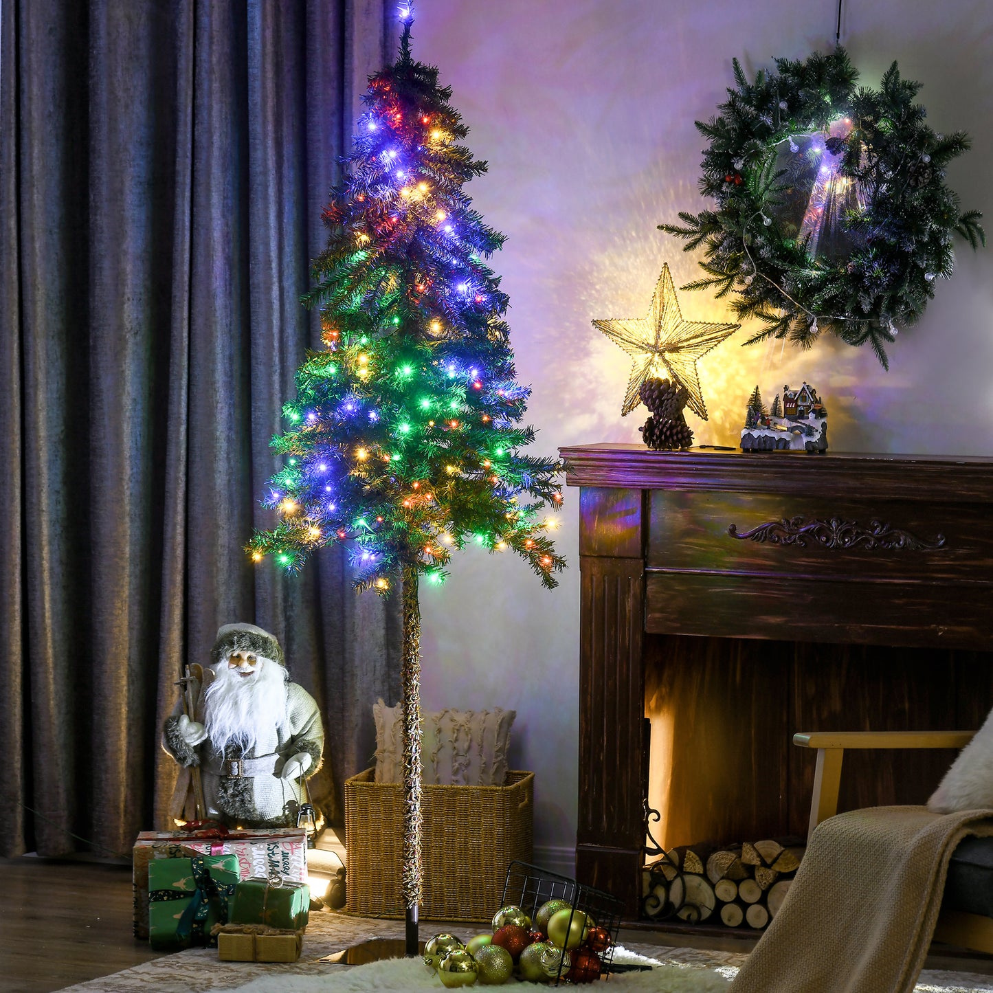 HOMCOM 6FT Artificial Tree Multi-Colored Pre-Lit Home Christmas Decoration White