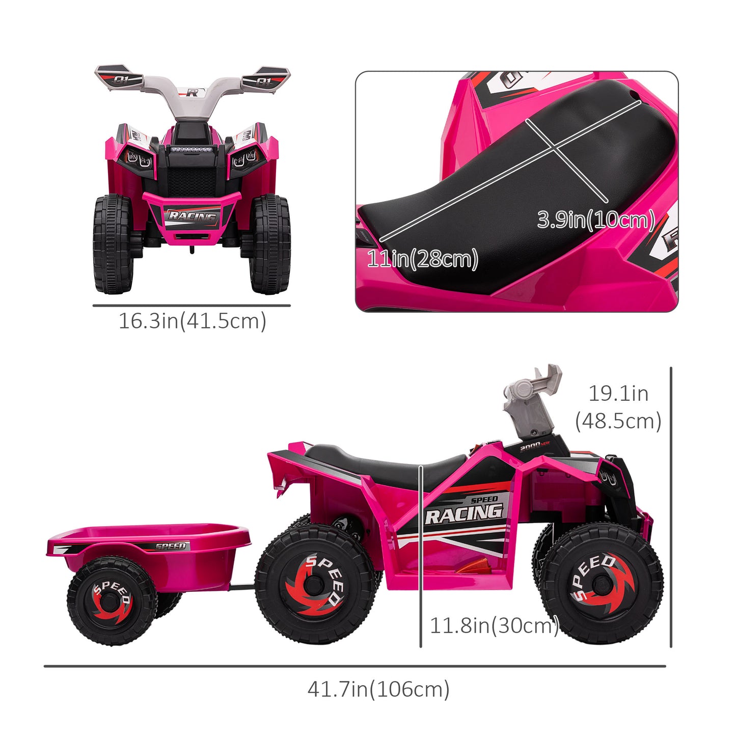 Aosom 6V Kids ATV Quad, Battery Powered Electric Vehicle for Kids with Back Trailer, Wear-resistant Wheels, for Boys and Girls - Blue