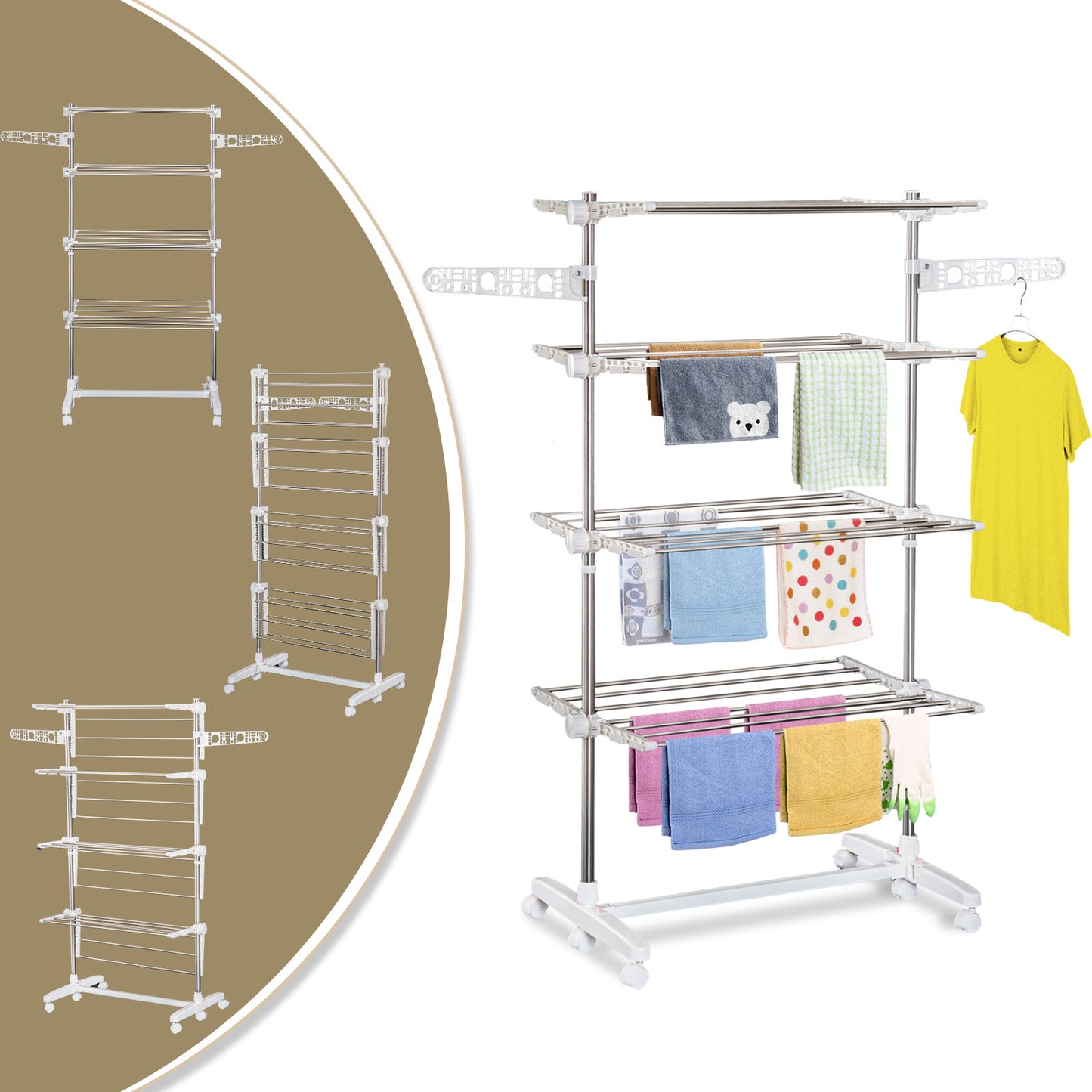 HOMCOM 3-Tier Foldable Clothes Drying Rack, Stainless Steel Laundry Rack with 2 Side Wings and 6 Castors, Collapsible Adjustable Clothes Airer for Indoor Outdoor, White