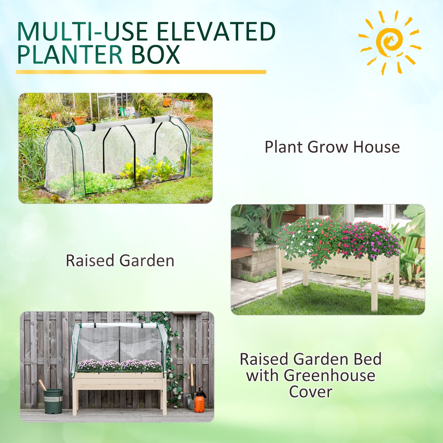 Outsunny Raised Garden Bed with PE Greenhouse Cover Outdoor Elevated Wood Planter Box for Herbs and Vegetables, Use for Patio, Backyard, Balcony, 48 x 22 x 46 inch, Natural