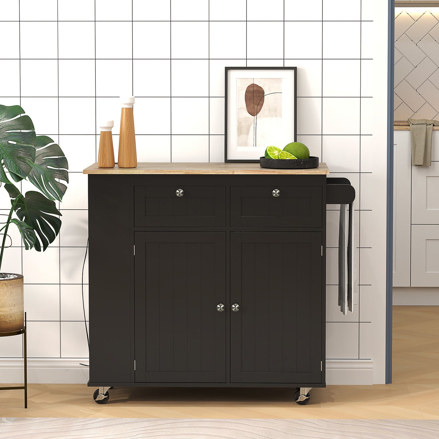 HOMCOM Kitchen Island with Power Outlet and Drop Leaf, Rolling Kitchen Cart with 2 Drawers and Adjustable Shelves, White