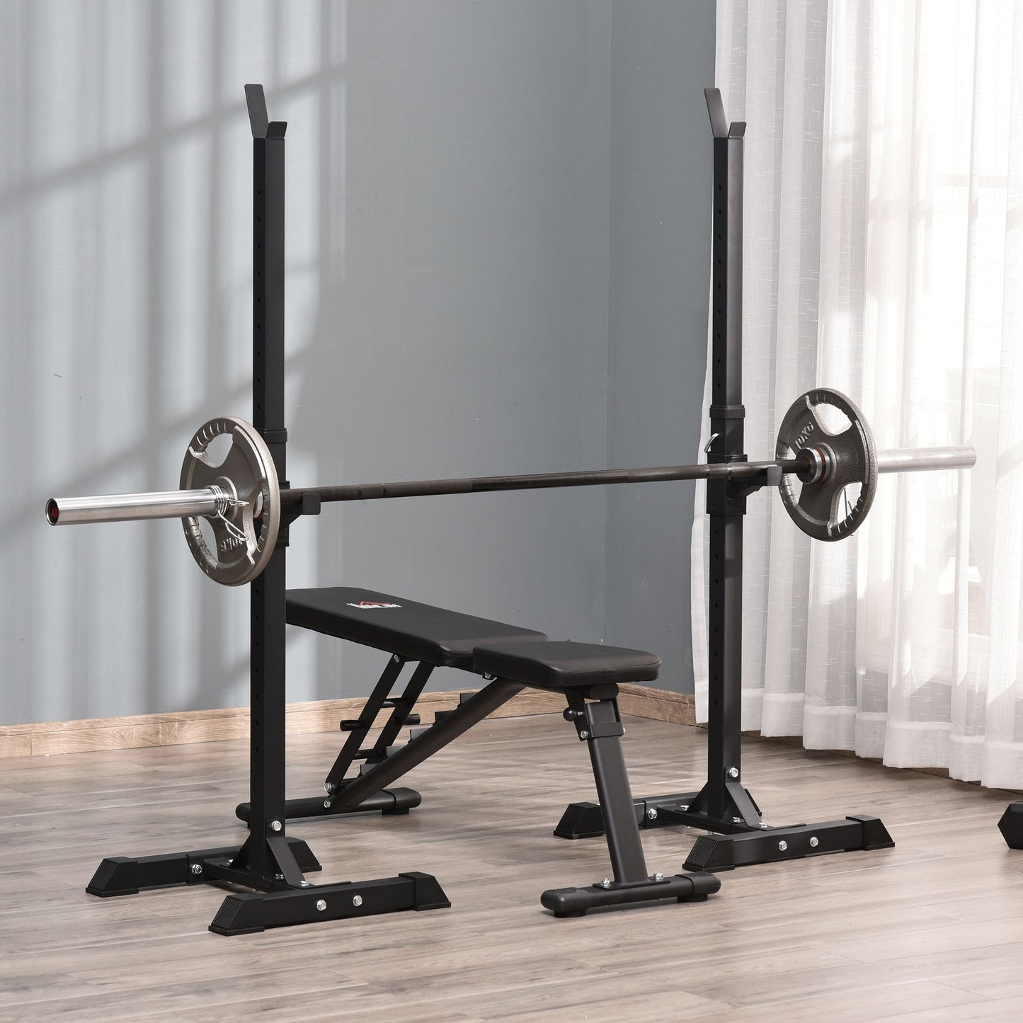 Soozier Adjustable Barbell Rack Stable Power Squat Stand Portable 2 Bars Barbell Holder Weight Rack, Black and White
