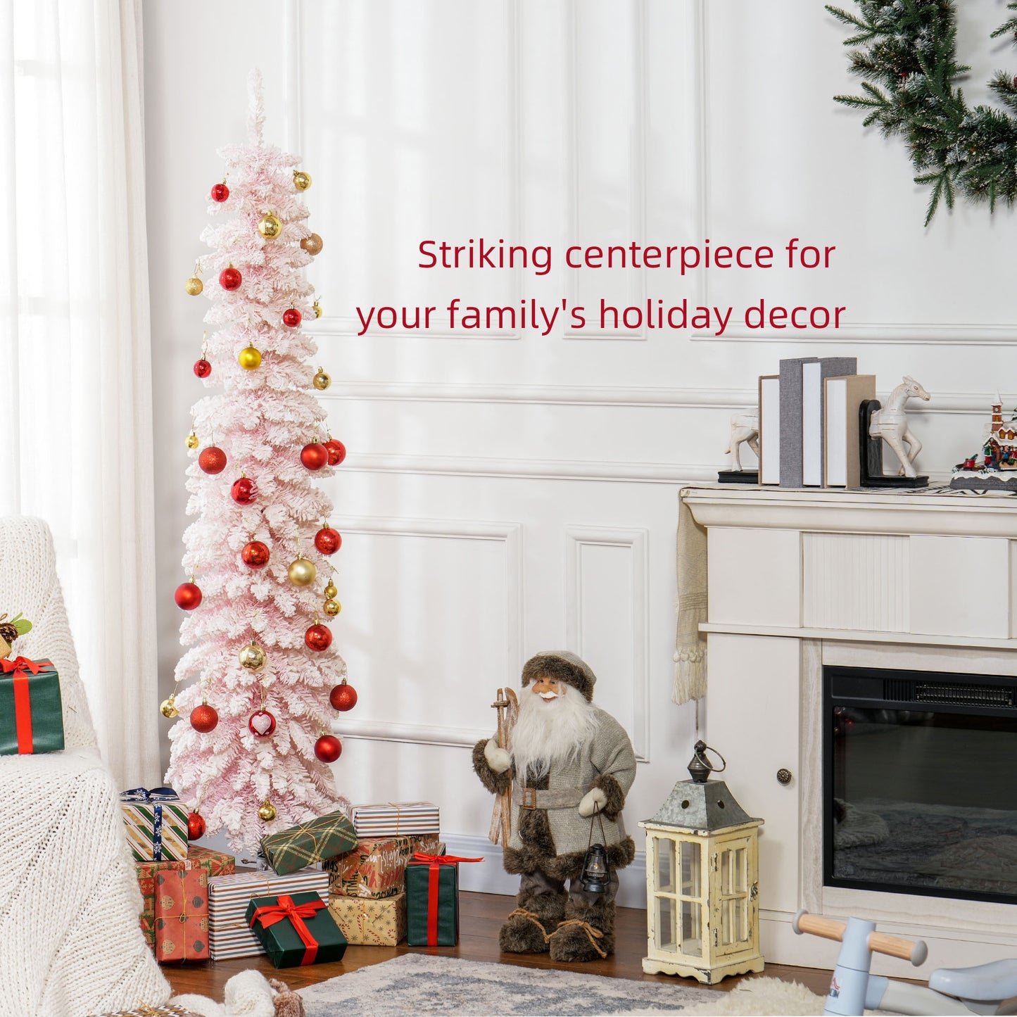 HOMCOM 5ft Snow-Flocked Artificial Christmas Tree, Slim Pencil Xmas Tree with 301 Realistic Branches, Metal Base, Pink