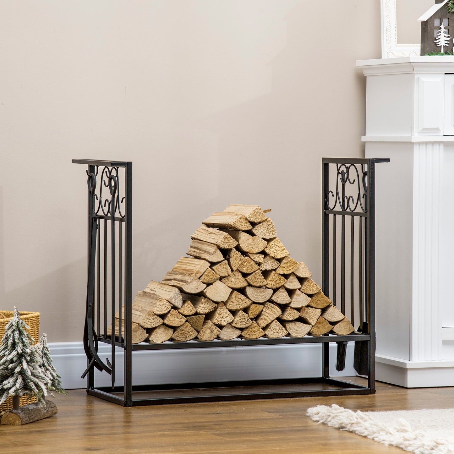Outsunny 2-Tier Firewood Log Rack with 4 Tools 33" Fireplace Wood Holder Storage Log Rack with Shovel, Broom, Poker, Tongs and Hooks