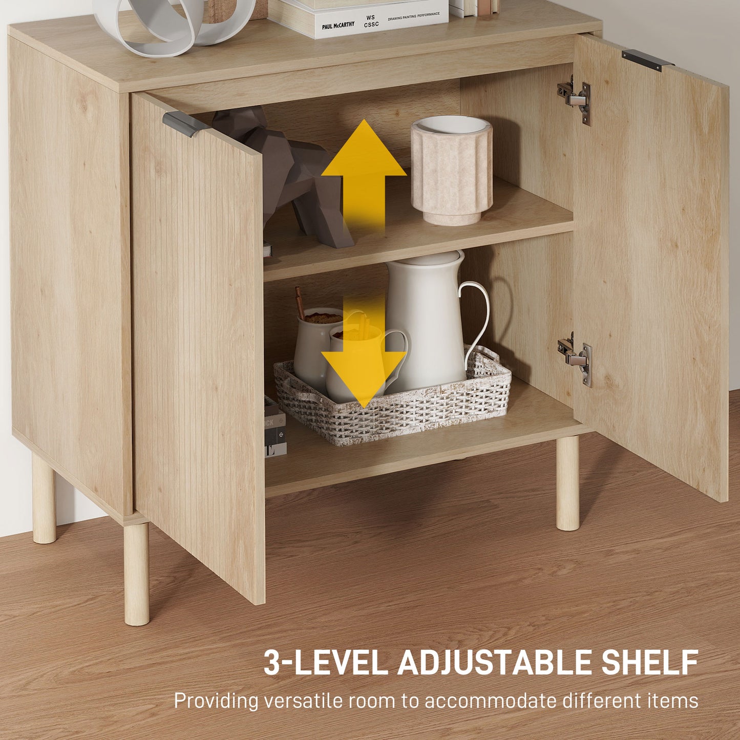 HOMCOM Accent Cabinet with Doors & Adjustable Shelf, Freestanding Storage Cabinet with Wood Legs for Living Room, Oak