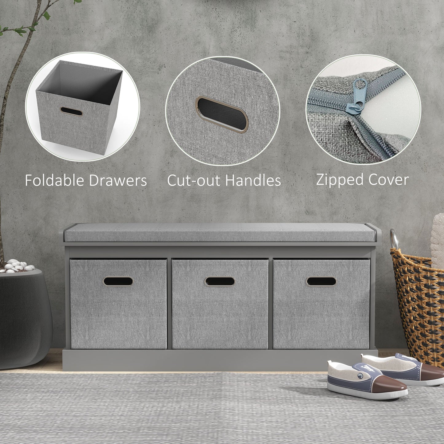 HOMCOM Shoe Storage Bench with Seat, Entryway Bench Seat with Cushion, 3 Fabric Drawers for Hallway, Grey