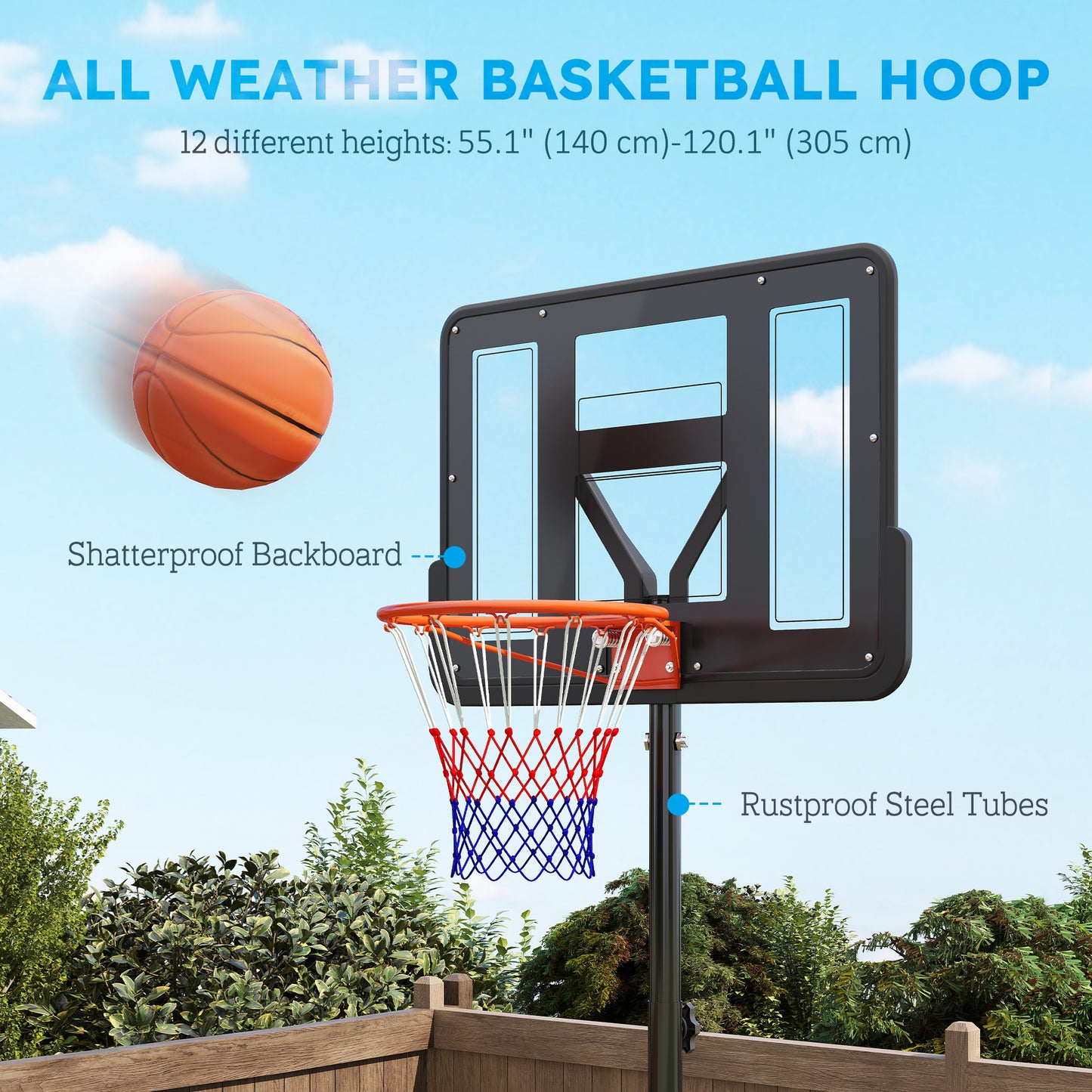 Soozier Basketball Hoop Outdoor, 4.4-10ft Portable Basketball Goal with Wheels and 44.5" Backboard, for Teenagers Youth Adults