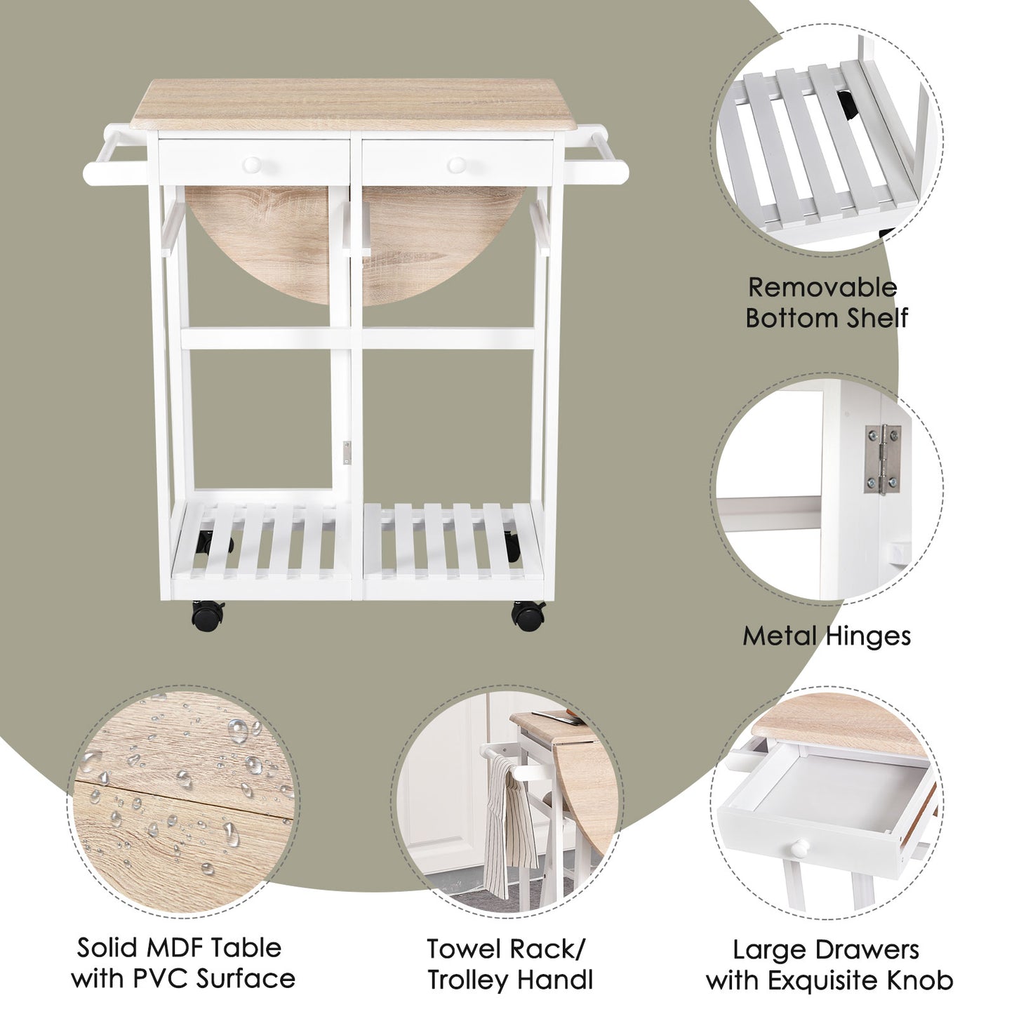 HOMCOM Kitchen Trolley 3 Piece Kitchen Cart Set Drop Leaf Breakfast Table and 2 Stools w/ Rolling Wheels & Towel Bars, Wood & White