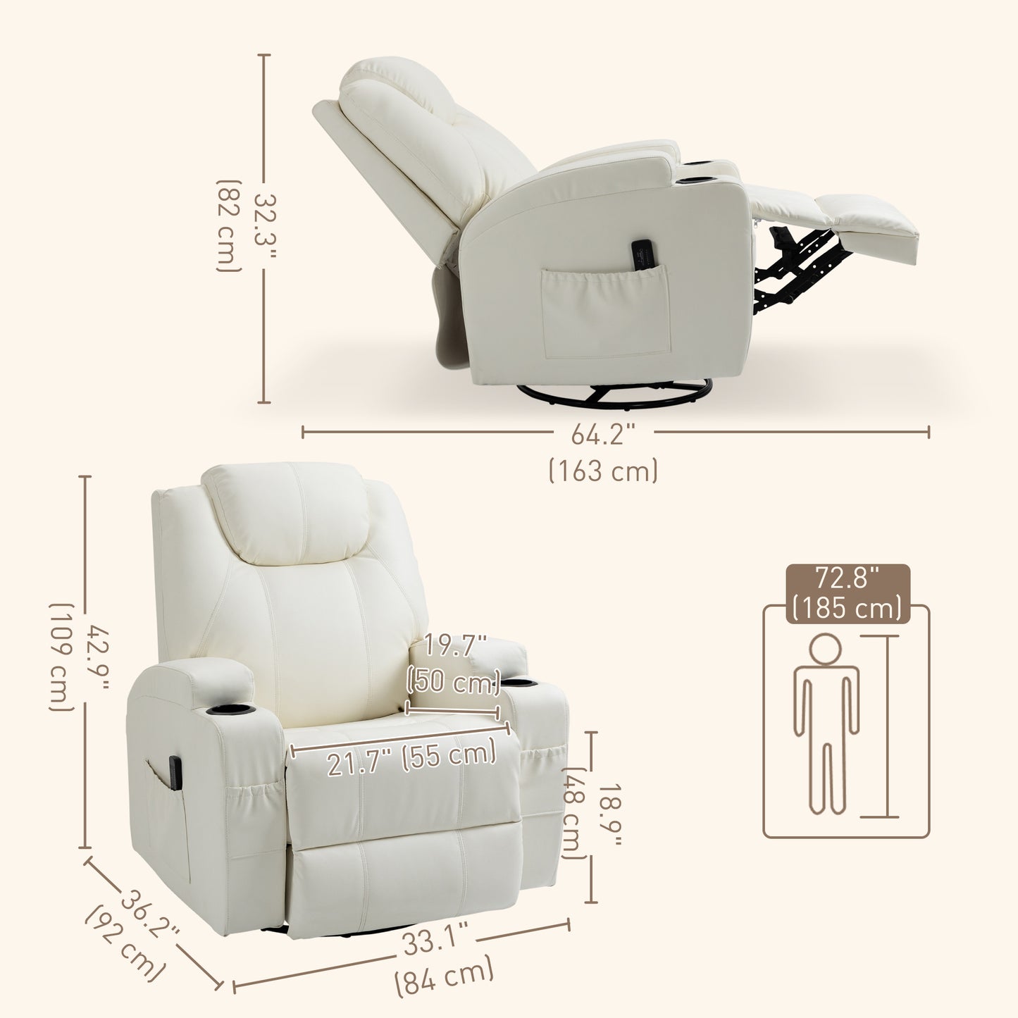 HOMCOM Massage Recliner Chair, Swivel Nursery Rocker Chair, Manual Reclining Sofa with 8 Vibration Points, PU Leather, Cup Holders, Side Pockets, for Living Room, Black